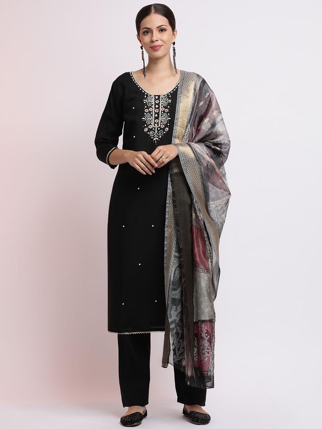 

Jaipur Kurti Embroidered Cotton Blend Kurta Set With Dupatta, Black