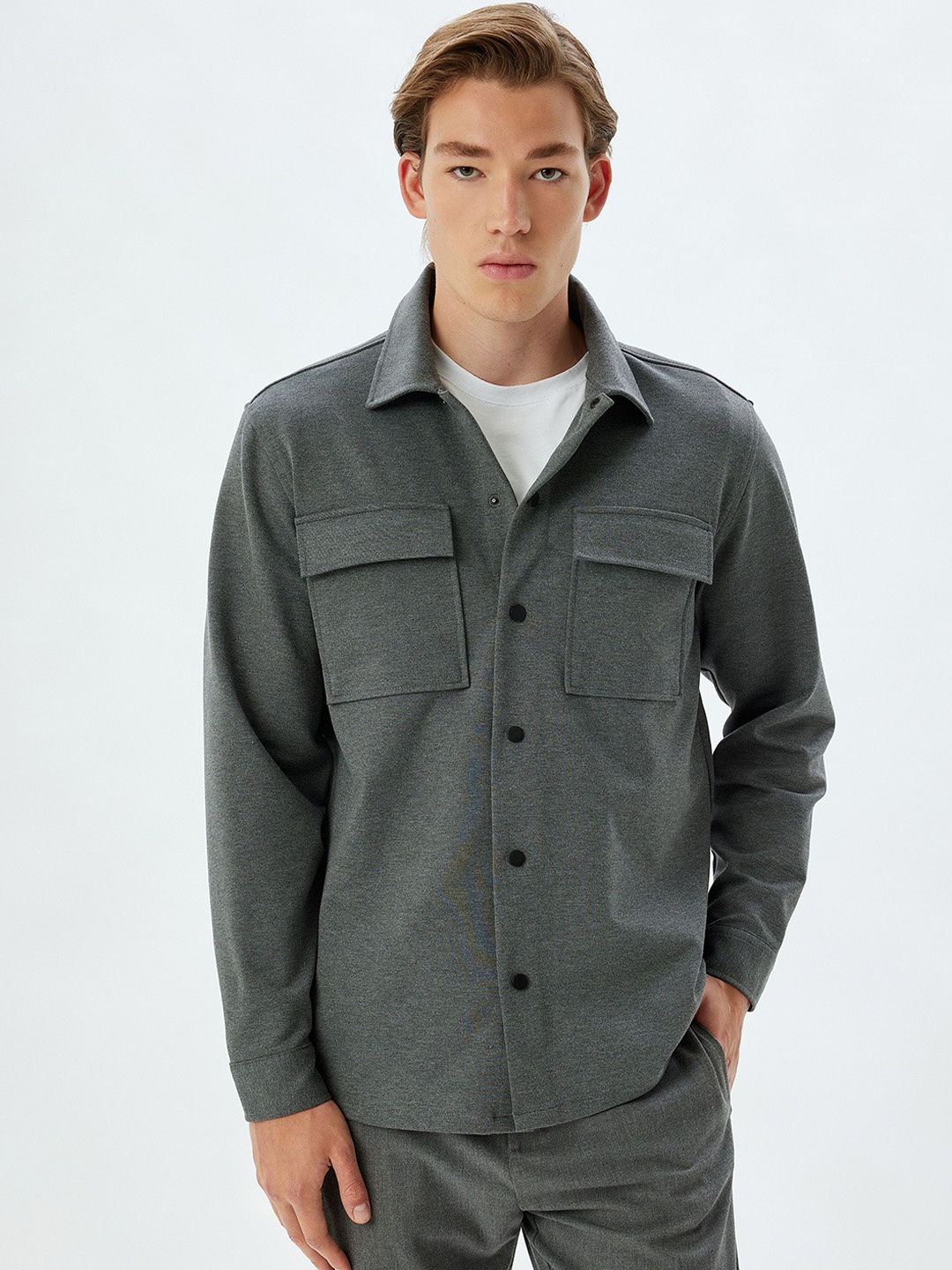 

Koton Men Spread Collar Shackets, Charcoal