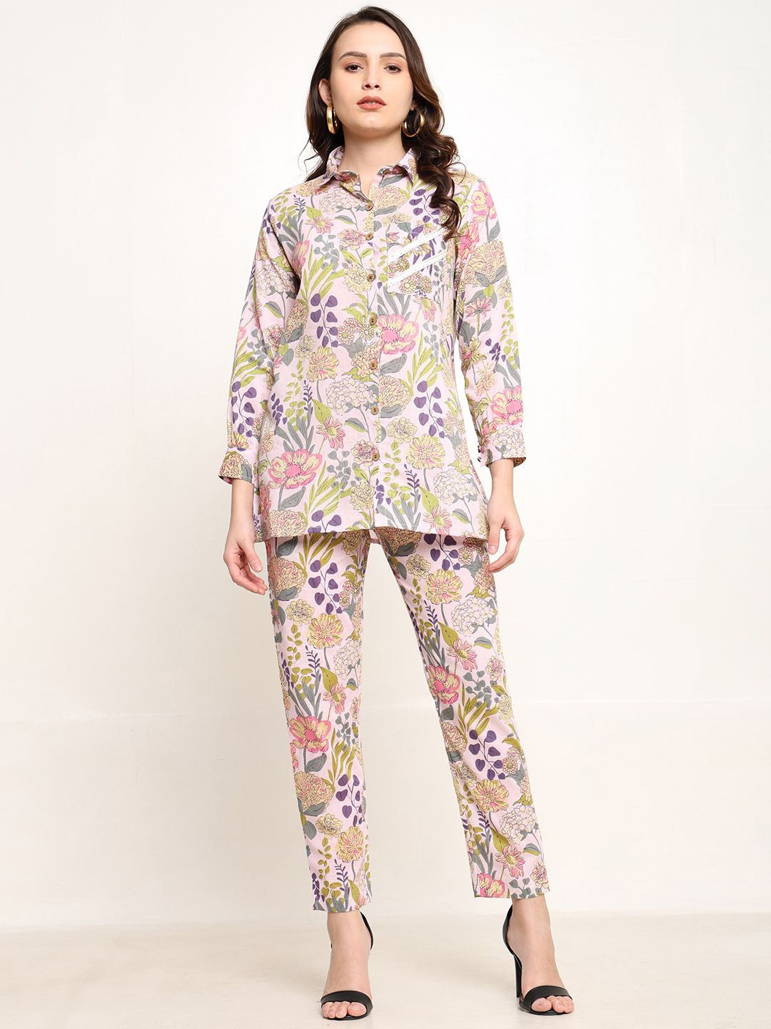 

CORDSET Floral Printed Shirt Collar Three-Quarter Sleeves Pure Cotton Shirt With Trouser, Pink