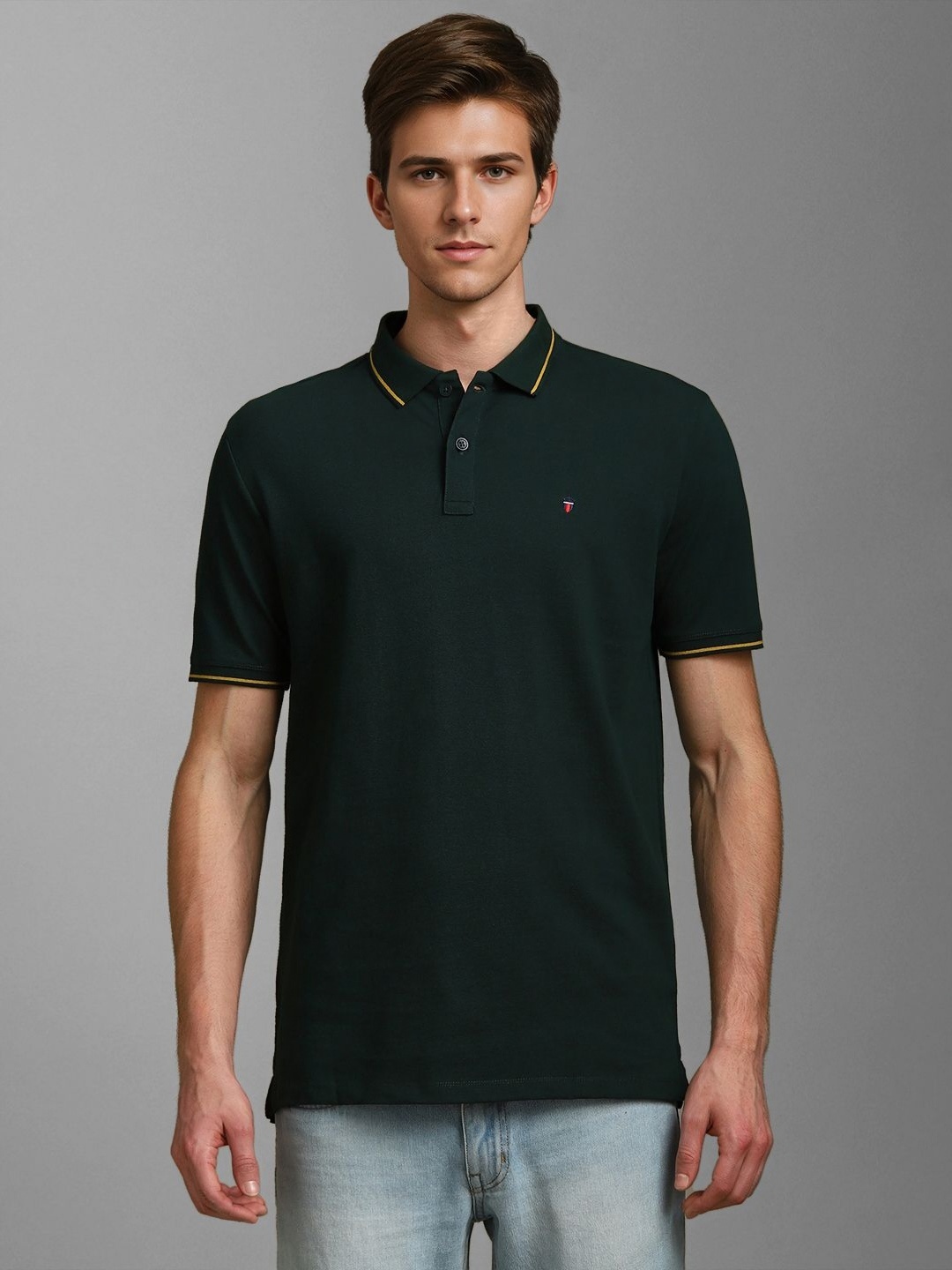 

Louis Philippe Jeans Men Solid Polo Collar Cotton Slim Fit T-shirt, Green