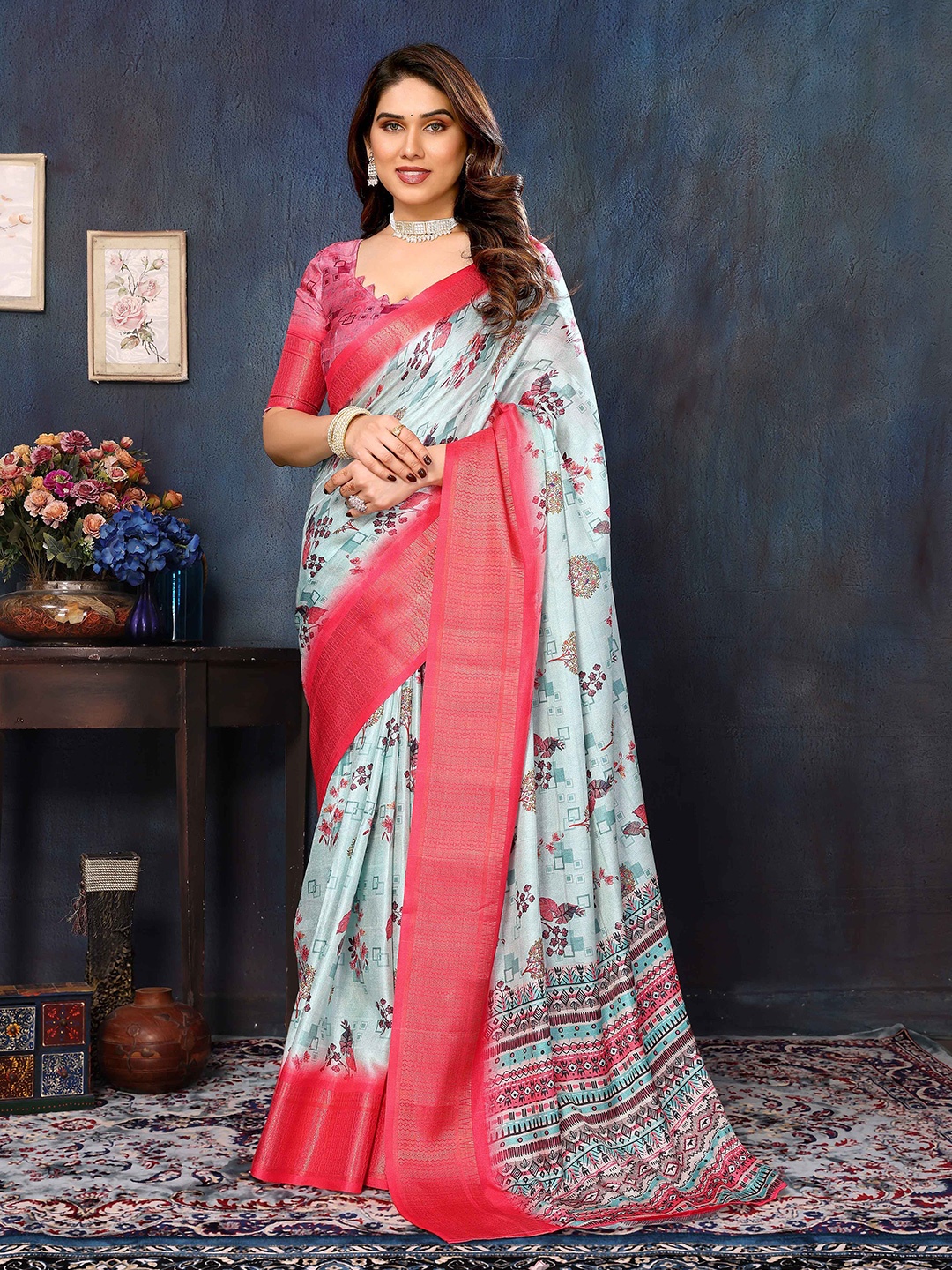 

Shee Star Ethnic Motifs Printed Banarasi Saree, Sea green