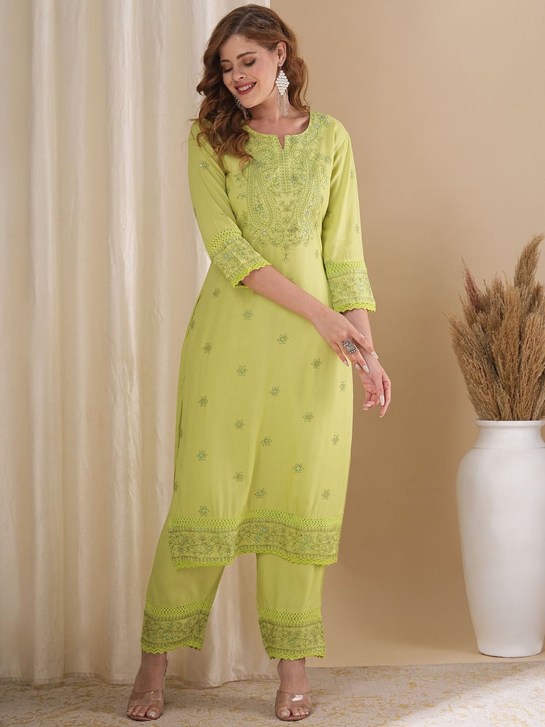 

FASHOR Ethnic Motifs Embroidered Regular Chikankari Kurta with Palazzos, Lime green