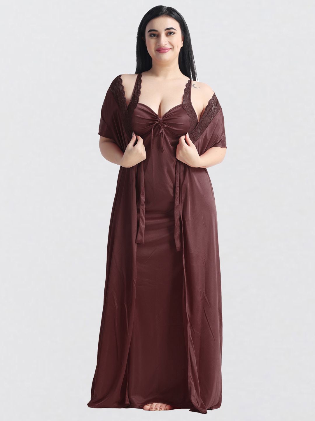 

NIGHT KEYS Women Solid Maxi Nightdress, Brown