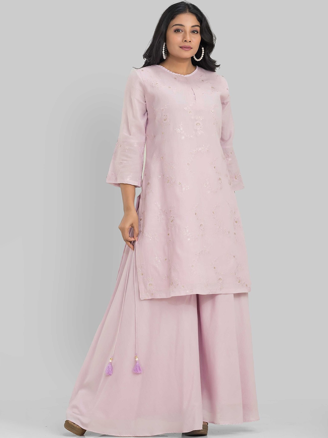 

SACRED SUTA Women Floral Embroidered Regular Sequinned Pure Cotton Kurta with Palazzos, Purple