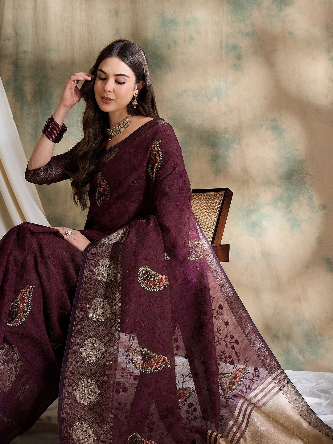 

Sangria Embroidered Saree With Blouse Piece, Purple