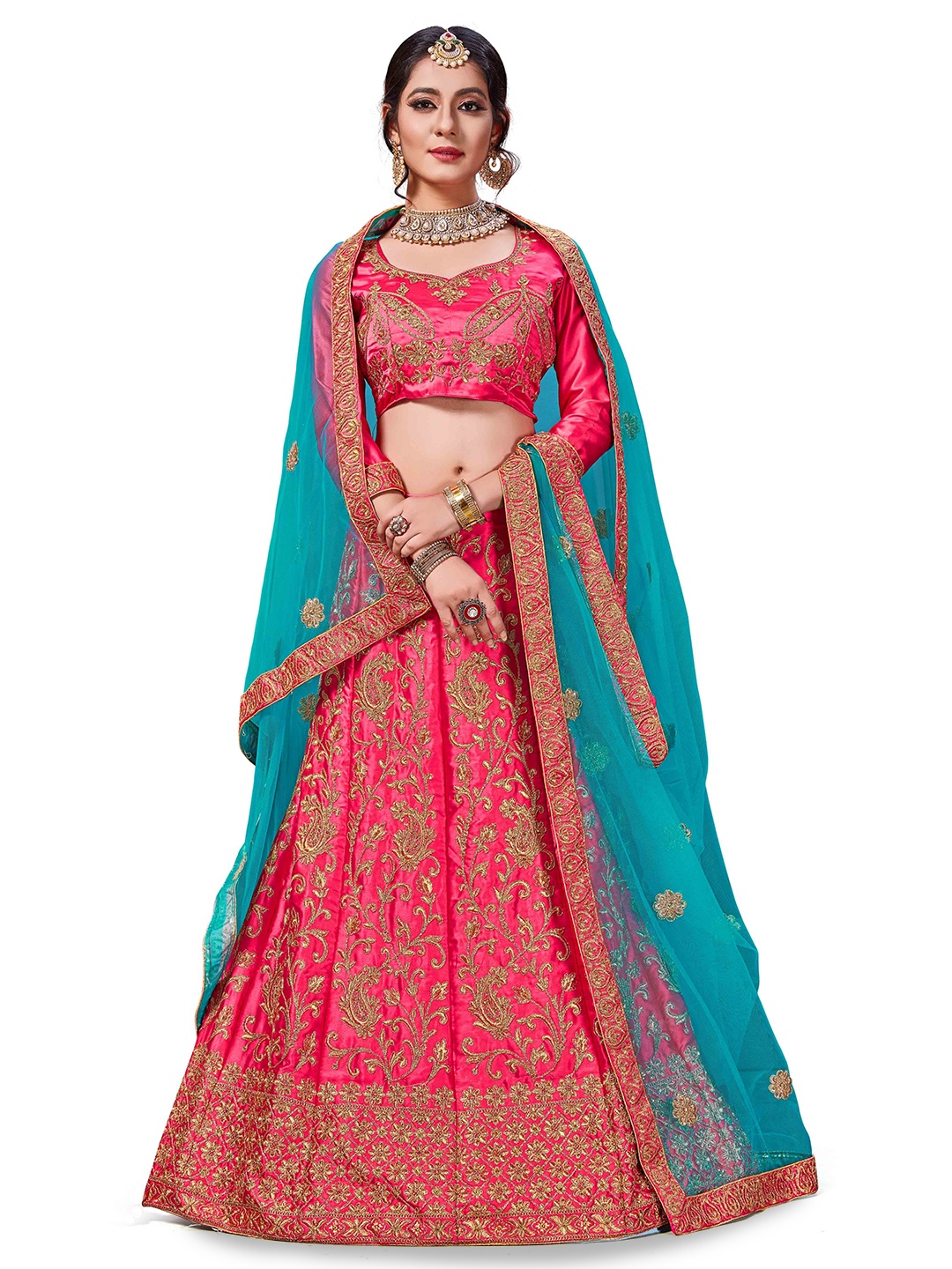

Maroosh Embroidered Thread Work Unstitched Lehenga & Blouse With Dupatta, Pink