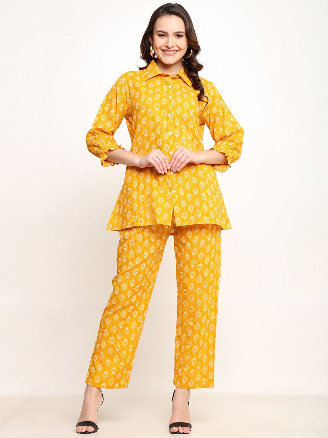 

CORDSET Floral Printed Kantha Work Pure Cotton Shirt & Trouser Co-ords, Yellow