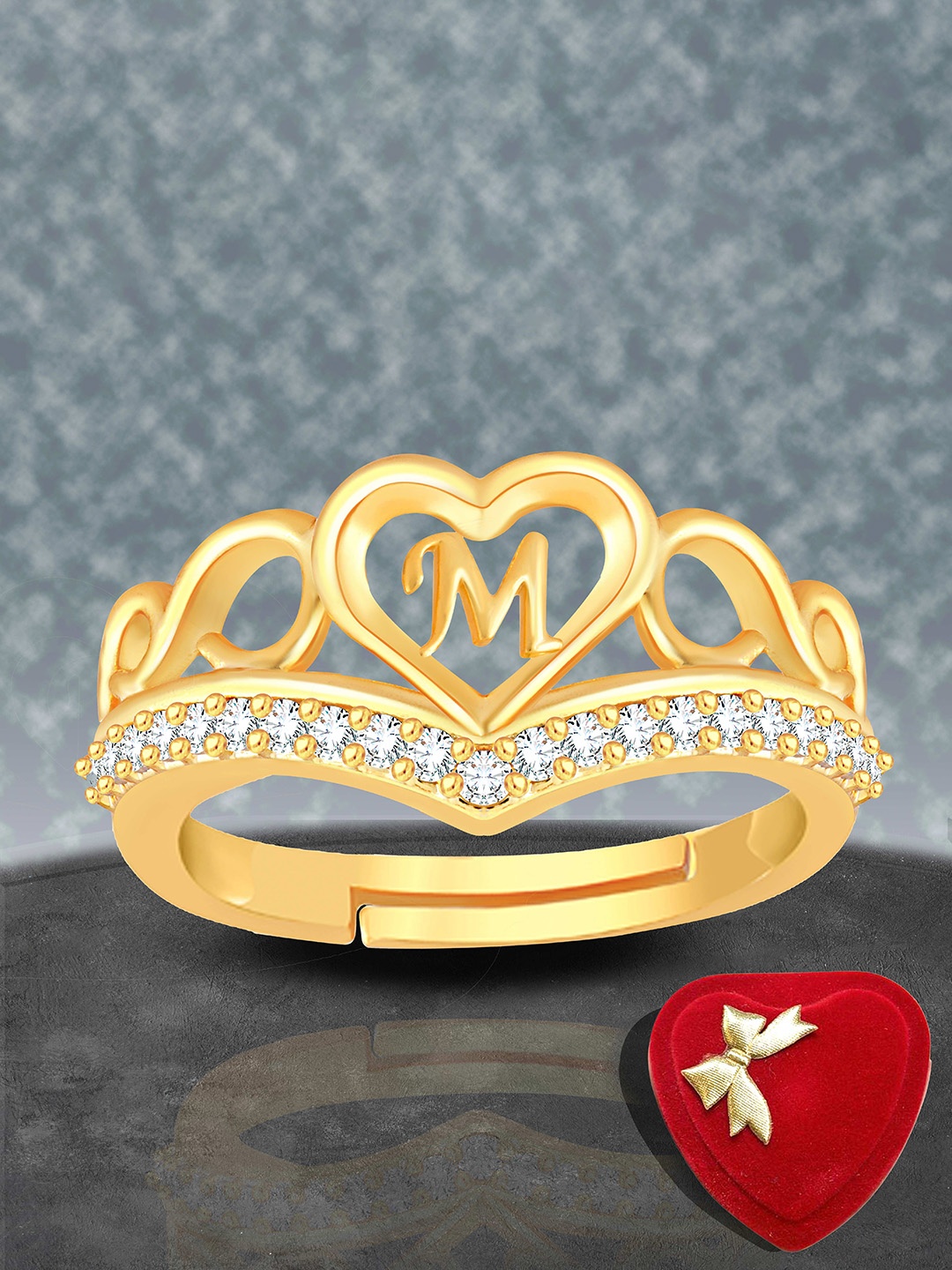 

Lila Unisex Gold-Plated American Diamond Studded Alphabet M Heart Shaped Finger Ring