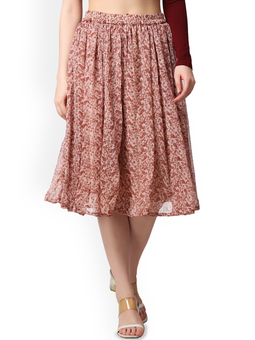 

SCORPIUS Floral Printed Flared Midi Skirt, Maroon