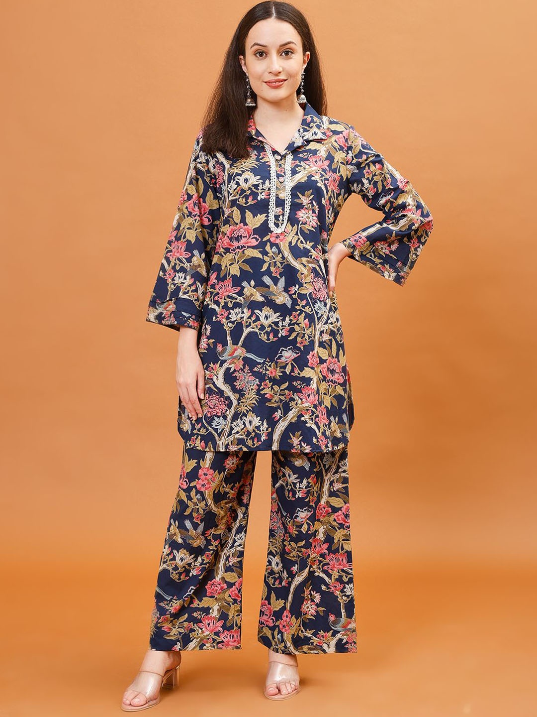 

Meena Bazaar Floral Printed Shirt Collar Three-Quarter Sleeves Regular Top With Palazzo, Navy blue