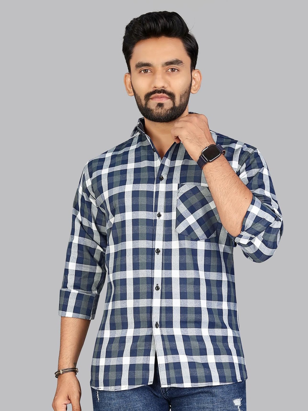 

ADWYN PETER Men Classic Spread Collar Tartan Checked Cotton Casual Shirt, Navy blue