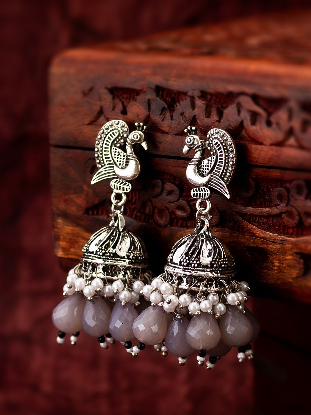 

aadita Beaded & Kundan Studded Classic Jhumkas, Silver