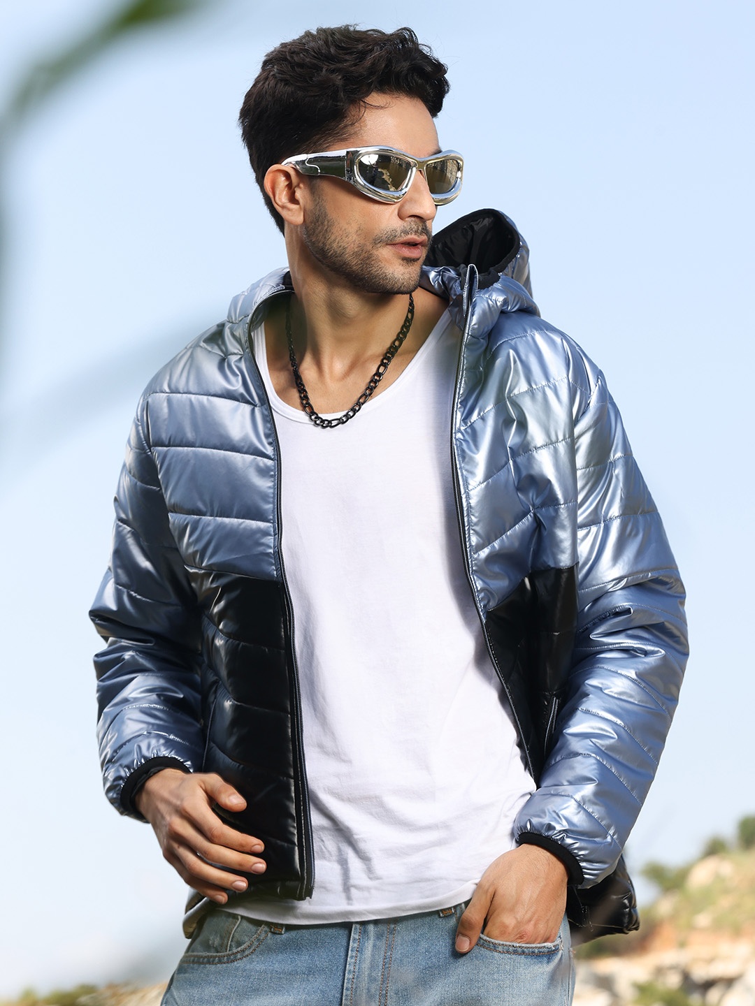 

Campus Sutra Men Colourblocked Lightweight Biker Hooded Jacket, Silver