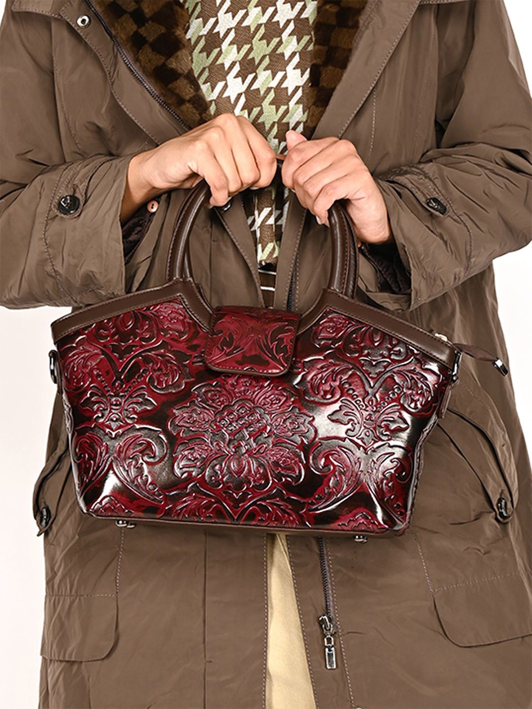 

ODETTE Floral PU Shopper Handheld Bag with Fringed, Brown