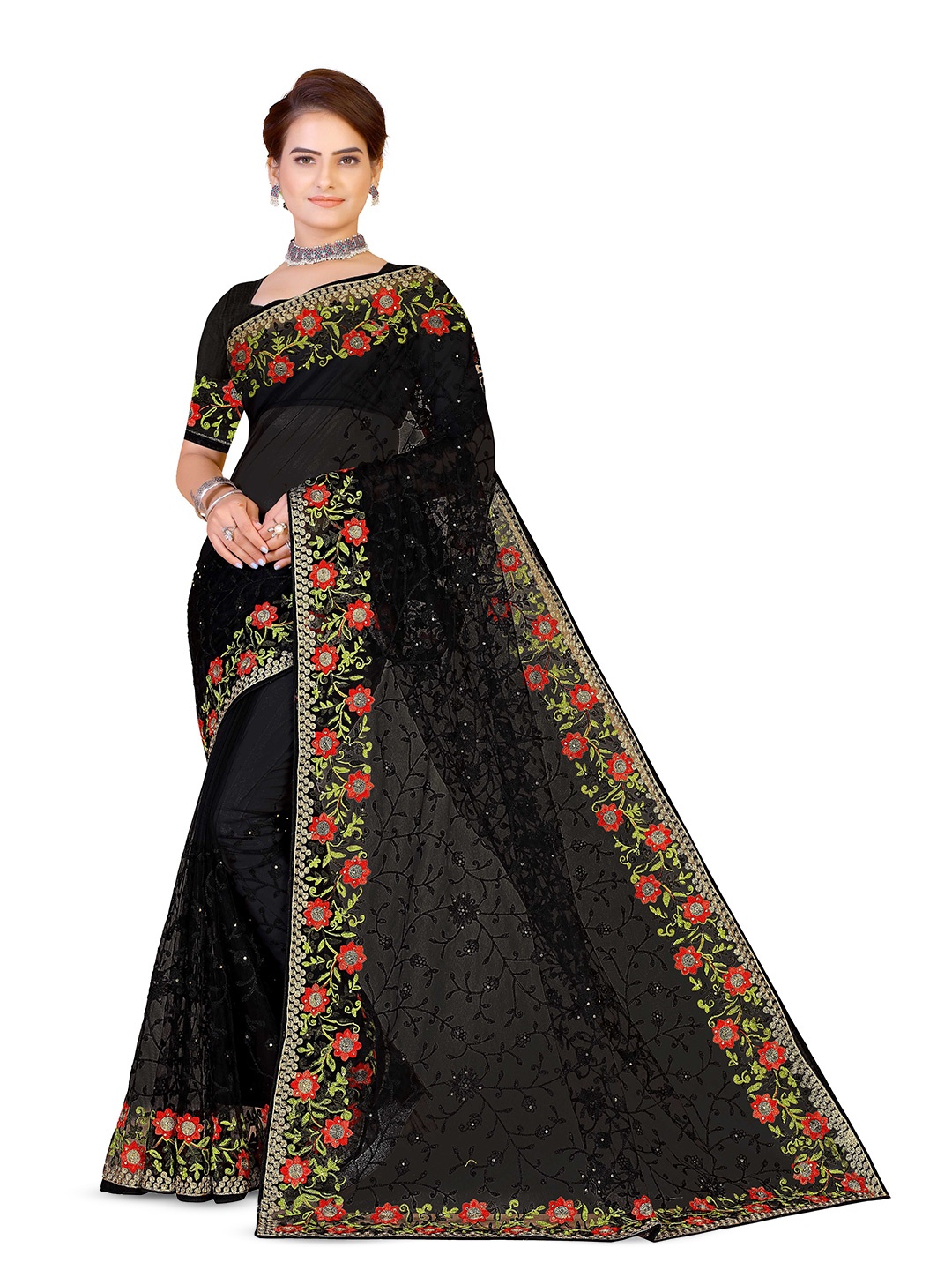 

Maroosh Ethnic Motifs Embroidered Net Saree, Black