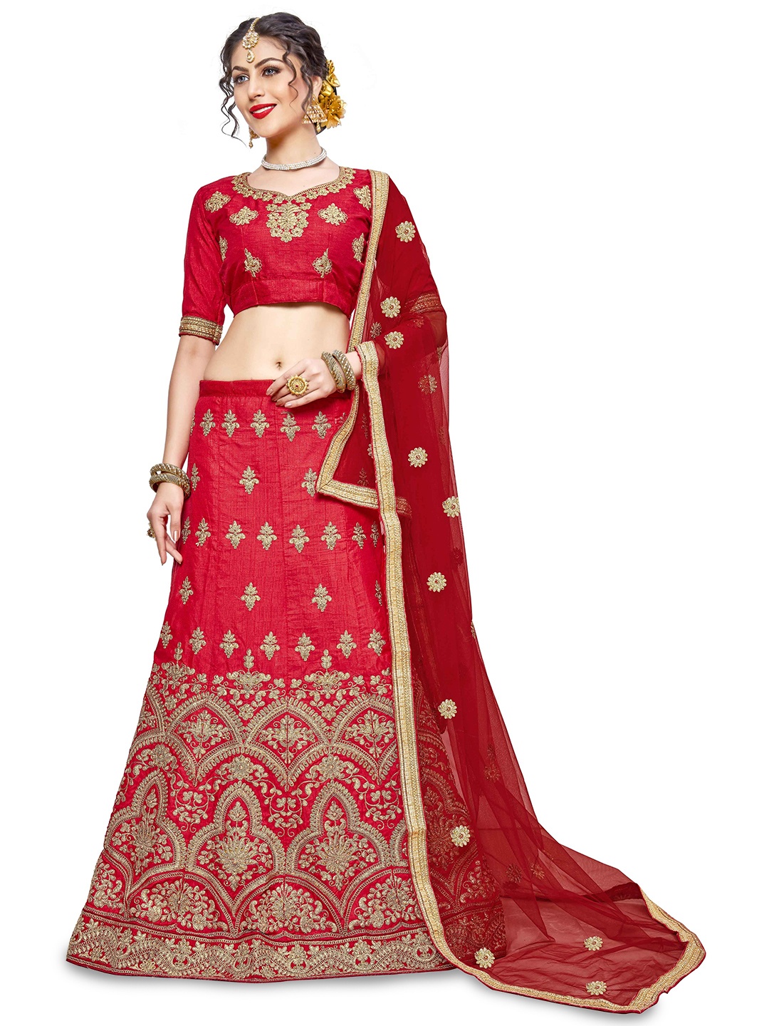 

Maroosh Women Embroidered Thread Work Unstitched Lehenga & Blouse With Dupatta, Red