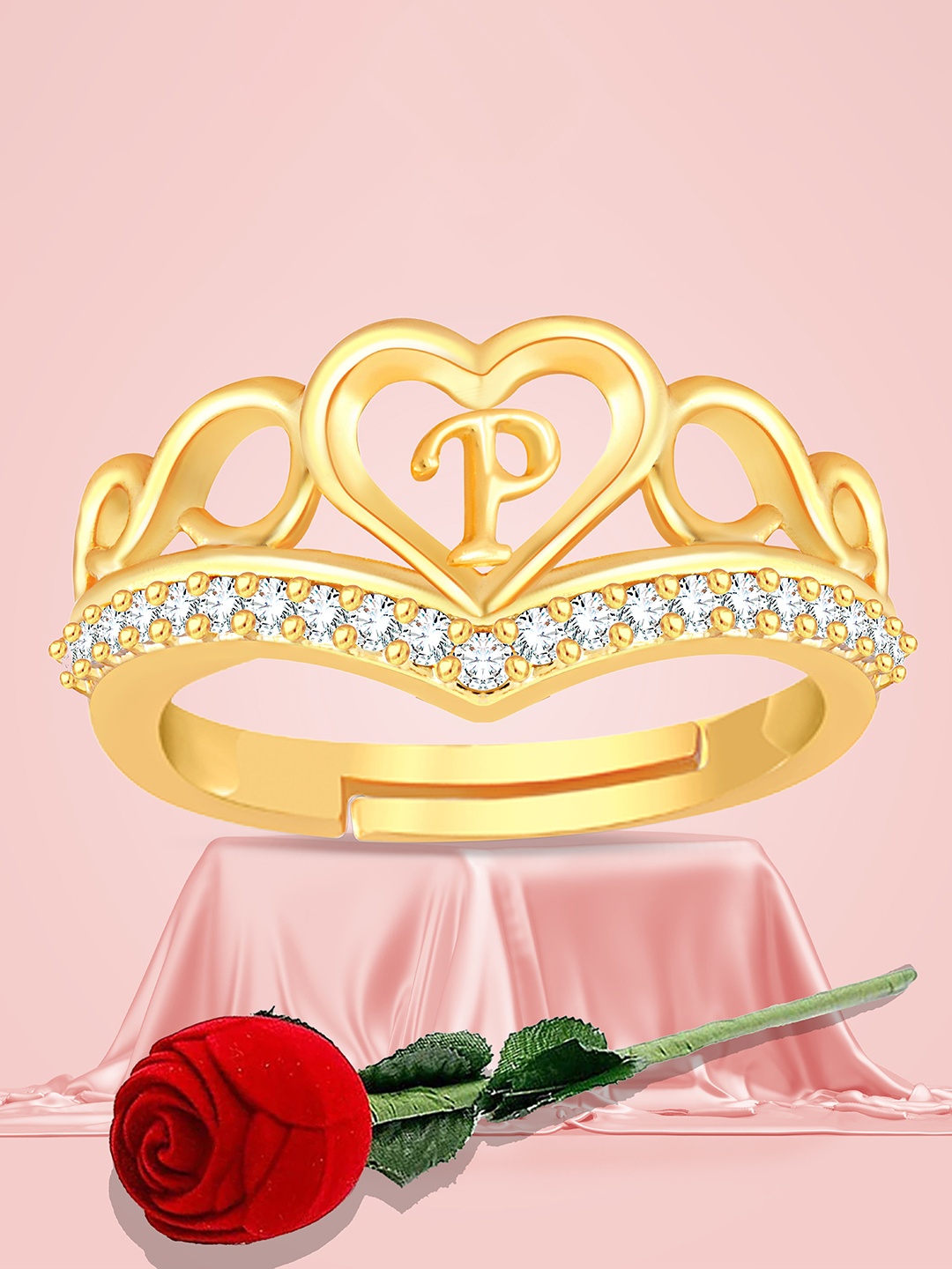

Lila Gold-Plated American Diamond Stone Studded Alphabet P Adjustable Finger Ring