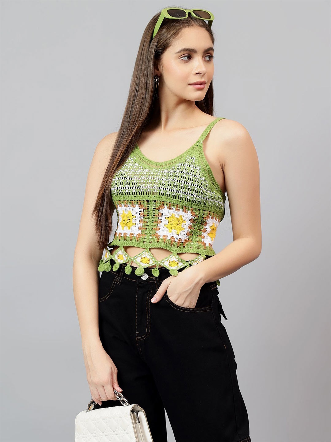 

Kotty Women Self Design Scoop Neck Cotton Top, Green
