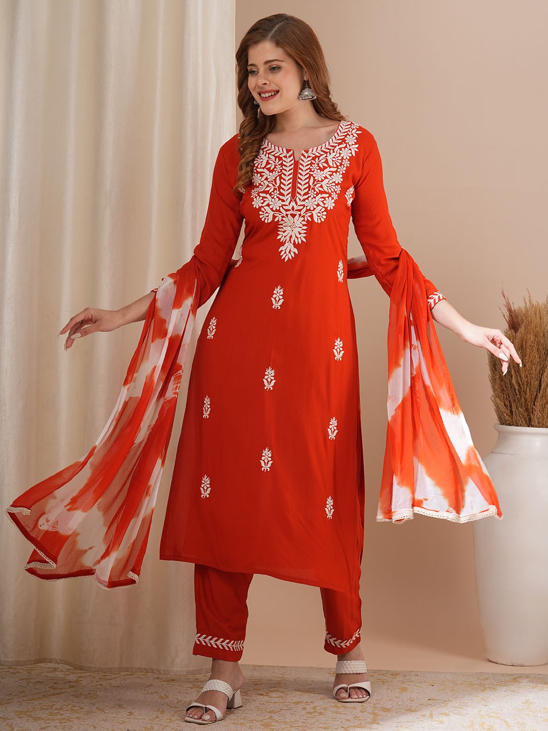 

FASHOR Women Chikankari Kurta with Trousers & Dupatta set, Orange