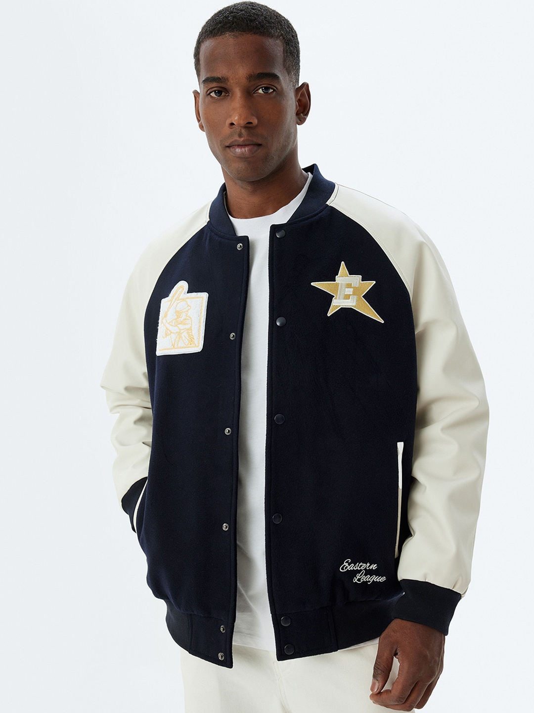 

Koton Men Mandarin Collar Patchworked Colourblocked Bomber Jacket, Cream