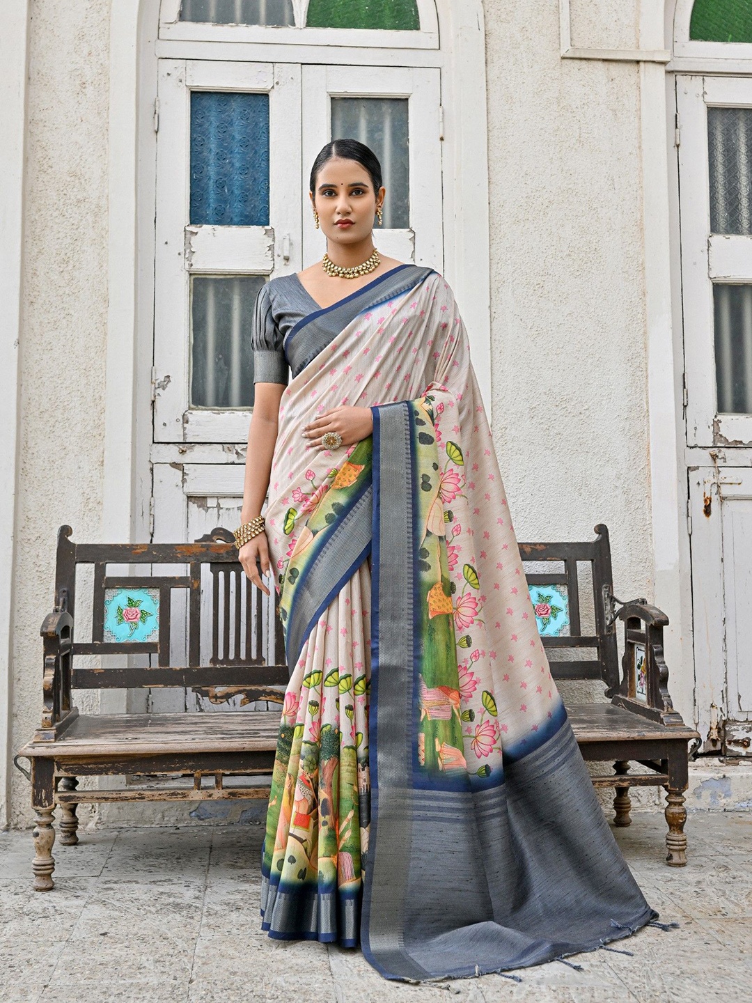 

Kandora Kalamkari Woven Design Zari Pure Silk Saree, Blue