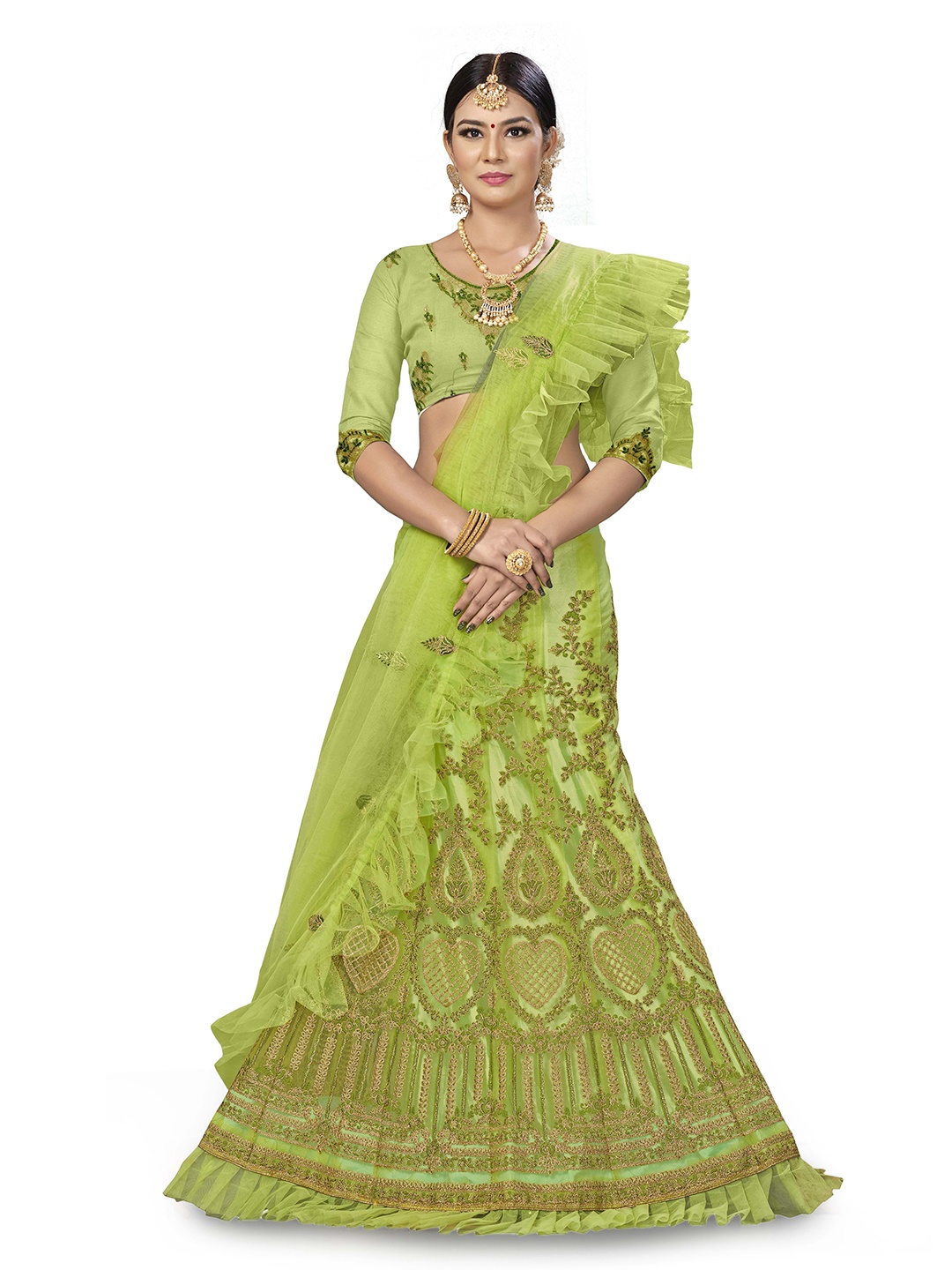 

Maroosh Women Embroidered Thread Work Unstitched Lehenga & Blouse With Dupatta, Green