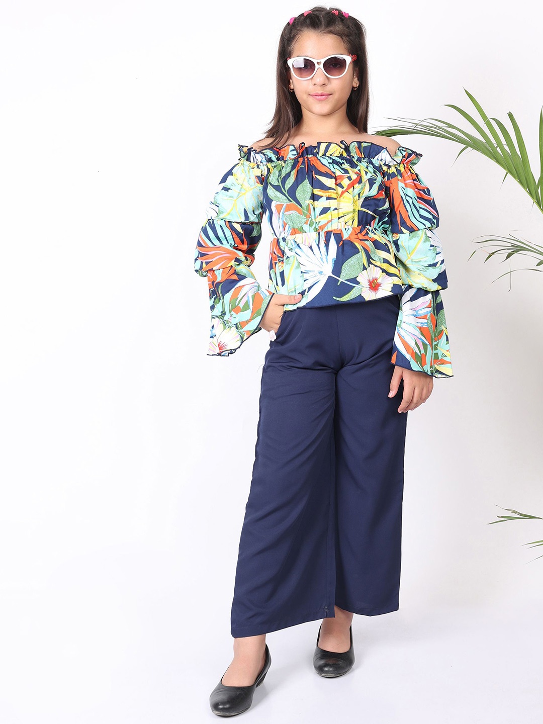 

SILK SPARROW Girls Printed Top with Palazzos, Navy blue