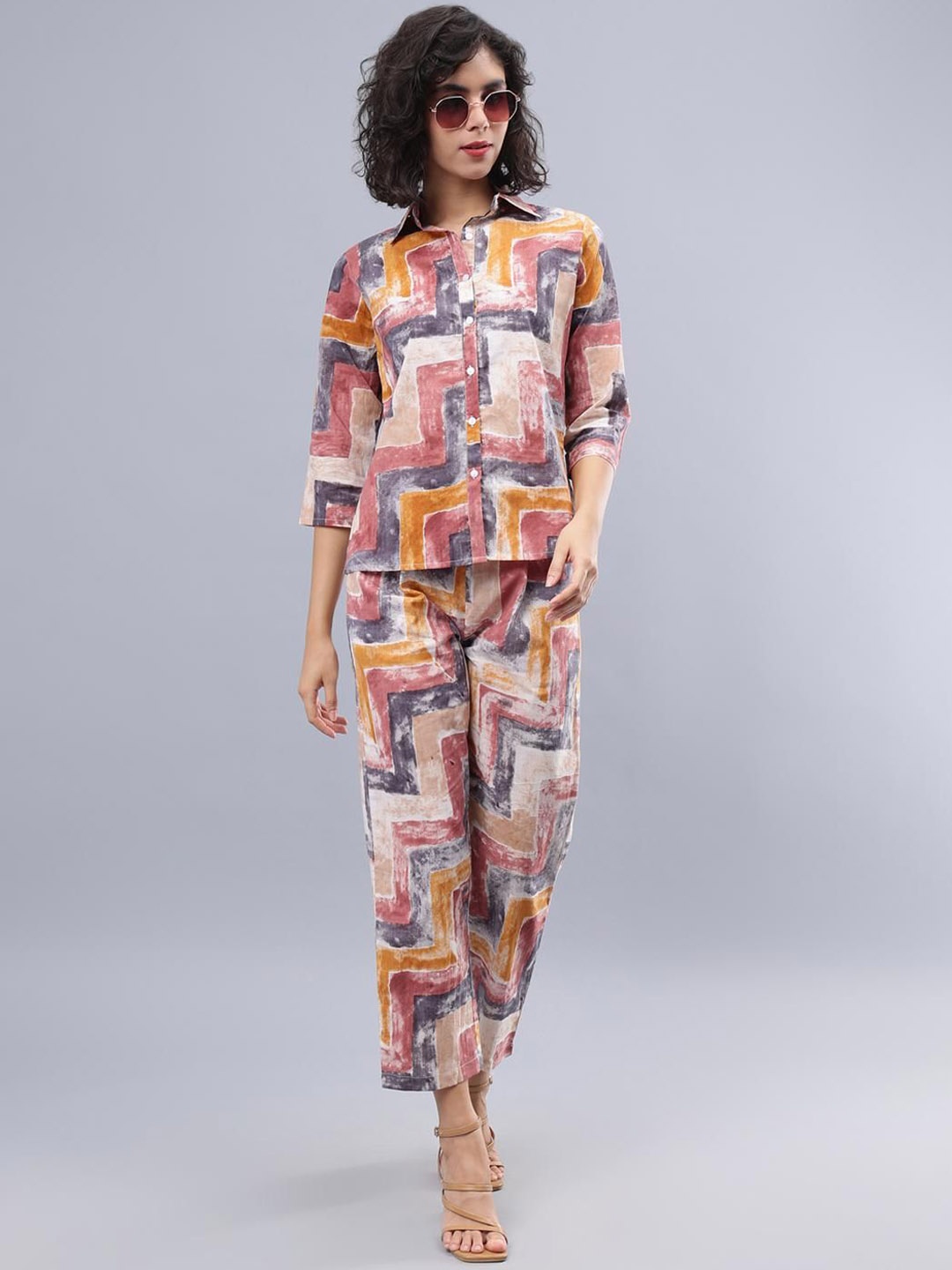 

CORDSET Geometric Printed Shirt Collar Pure Cotton Shirt & Trouser, Blue