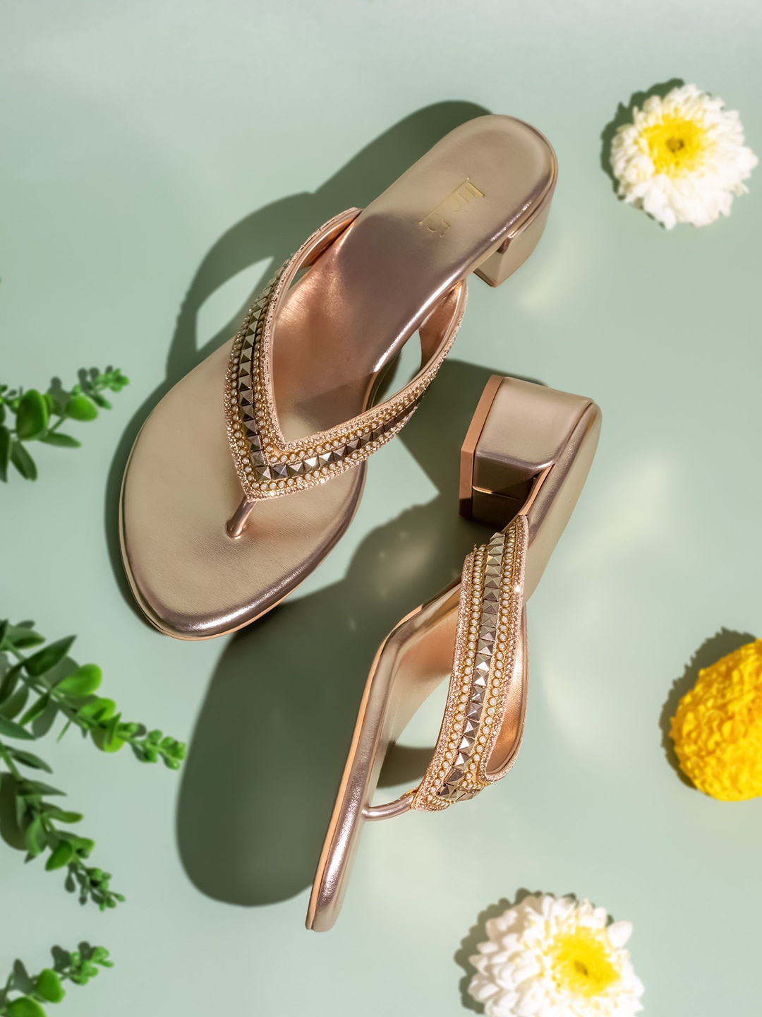 

Inc 5 Women Embellished Ethnic Block Heel Sandals, Rose gold