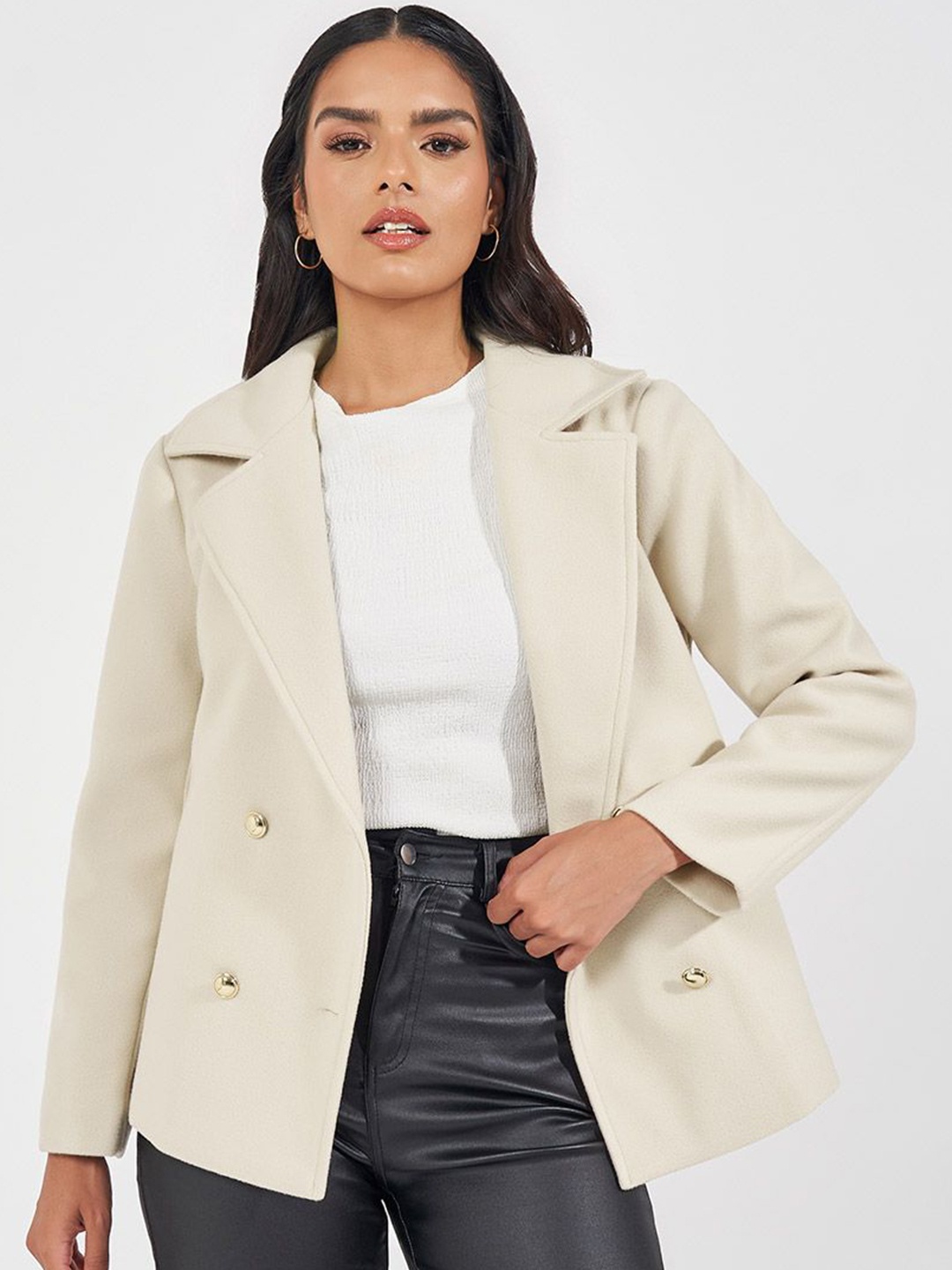 

Styli Notched Lapel Double-Breasted Woollen Tailored Blazer, Beige