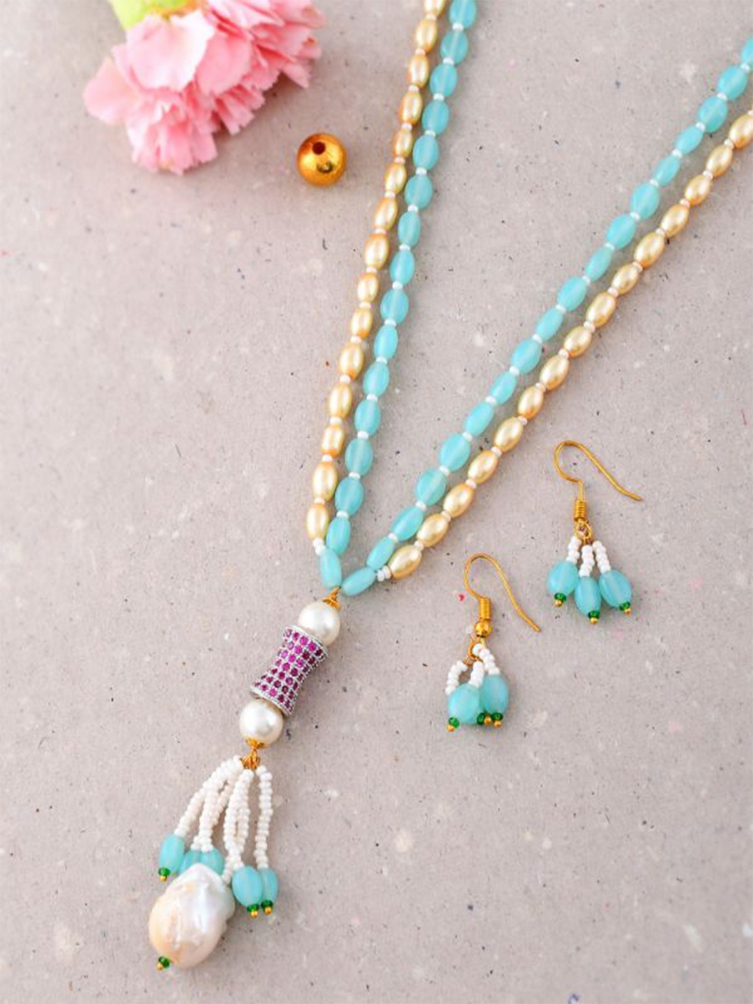 

DASTOOR Gold Plated Stone Studded & Beaded Necklace and Earrings, Blue