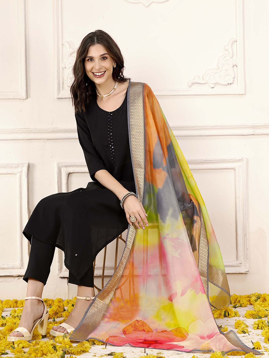 

Anouk Black Embroidered Mirror Work Round Neck Straight Kurta with Trouser & Dupatta