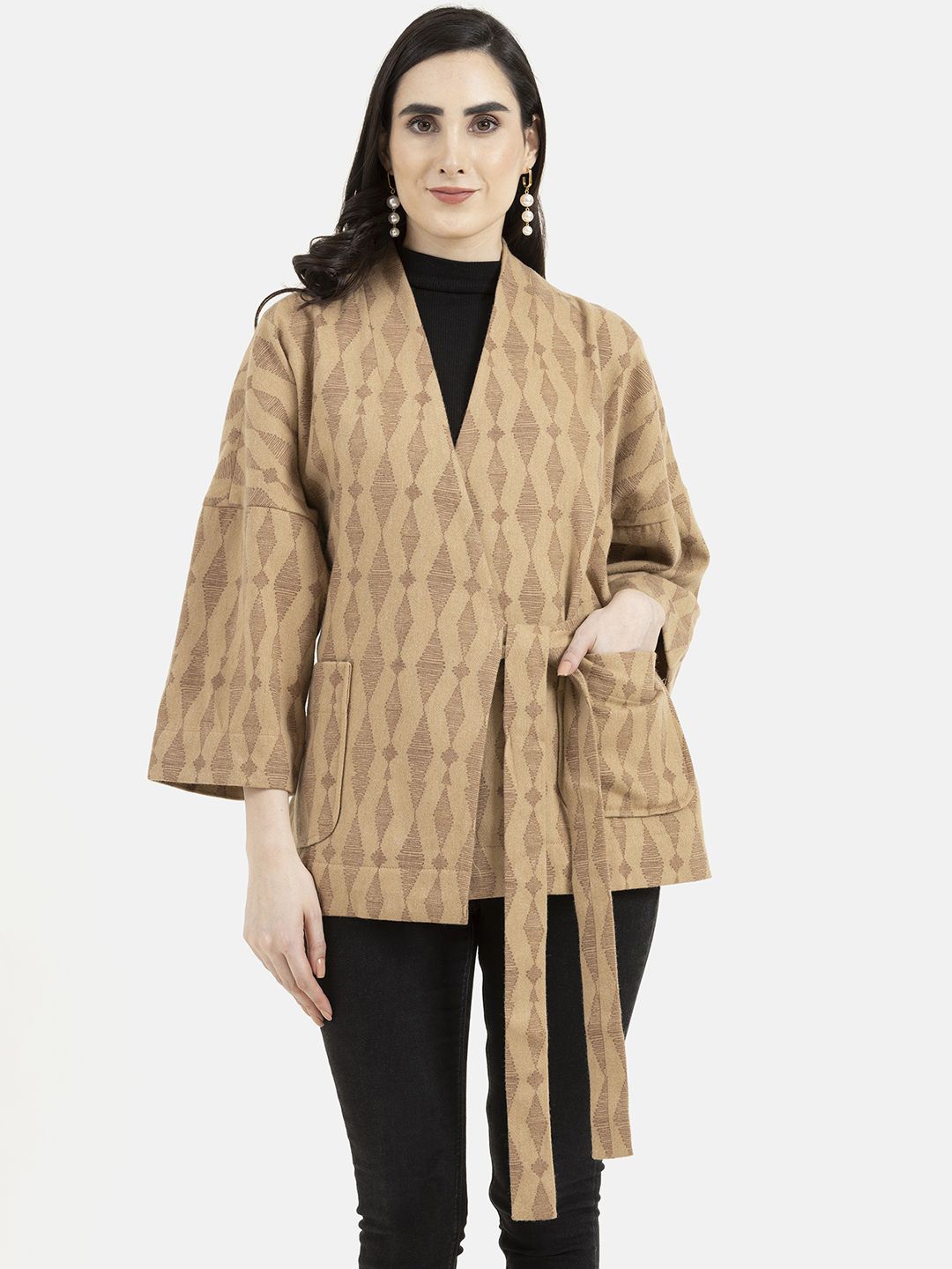 

Owncraft Women Printed Double Breasted Wool Cape Coat, Beige