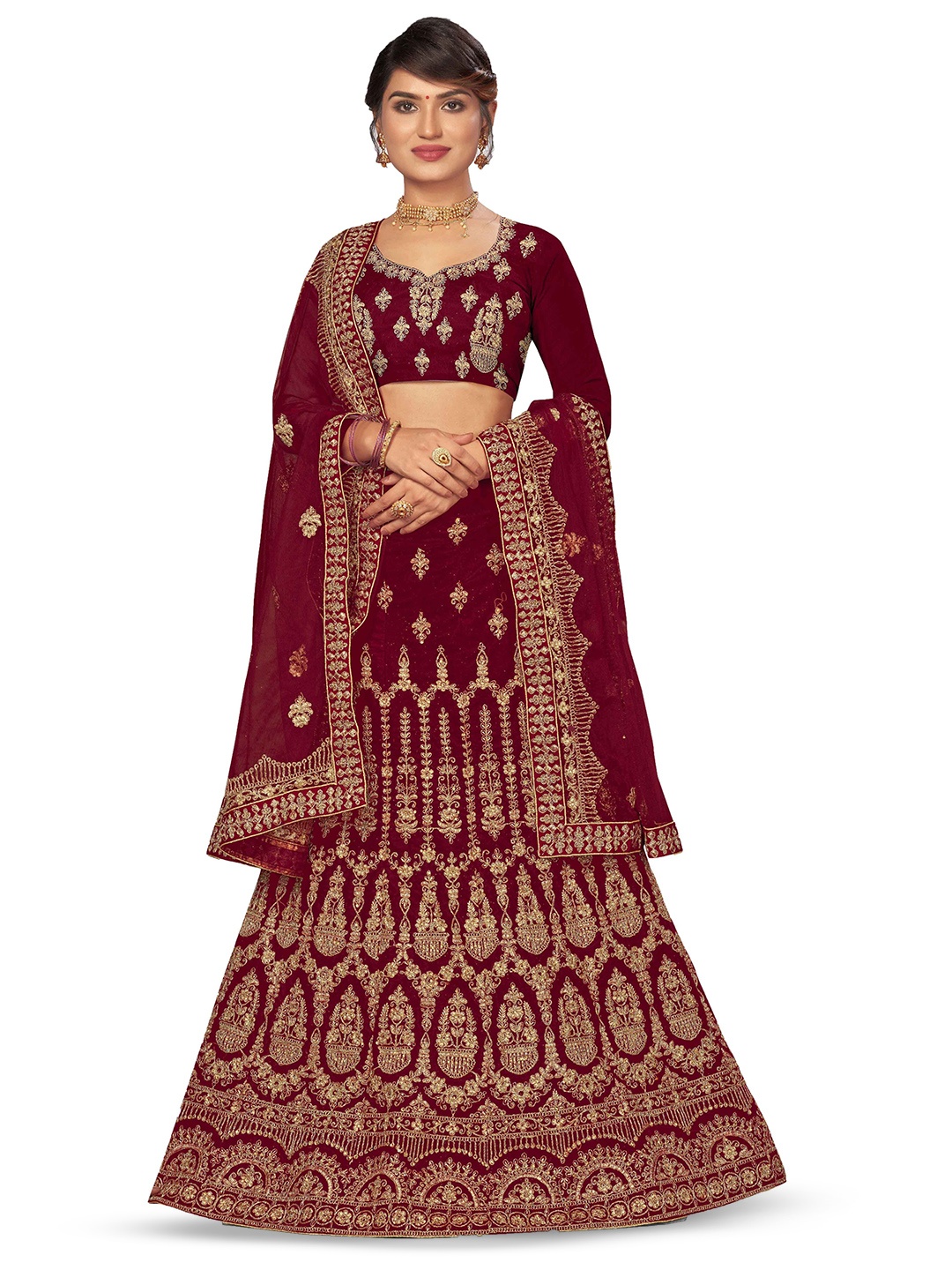 

Maroosh Embroidered Thread Work Unstitched Lehenga & Blouse With Dupatta, Maroon