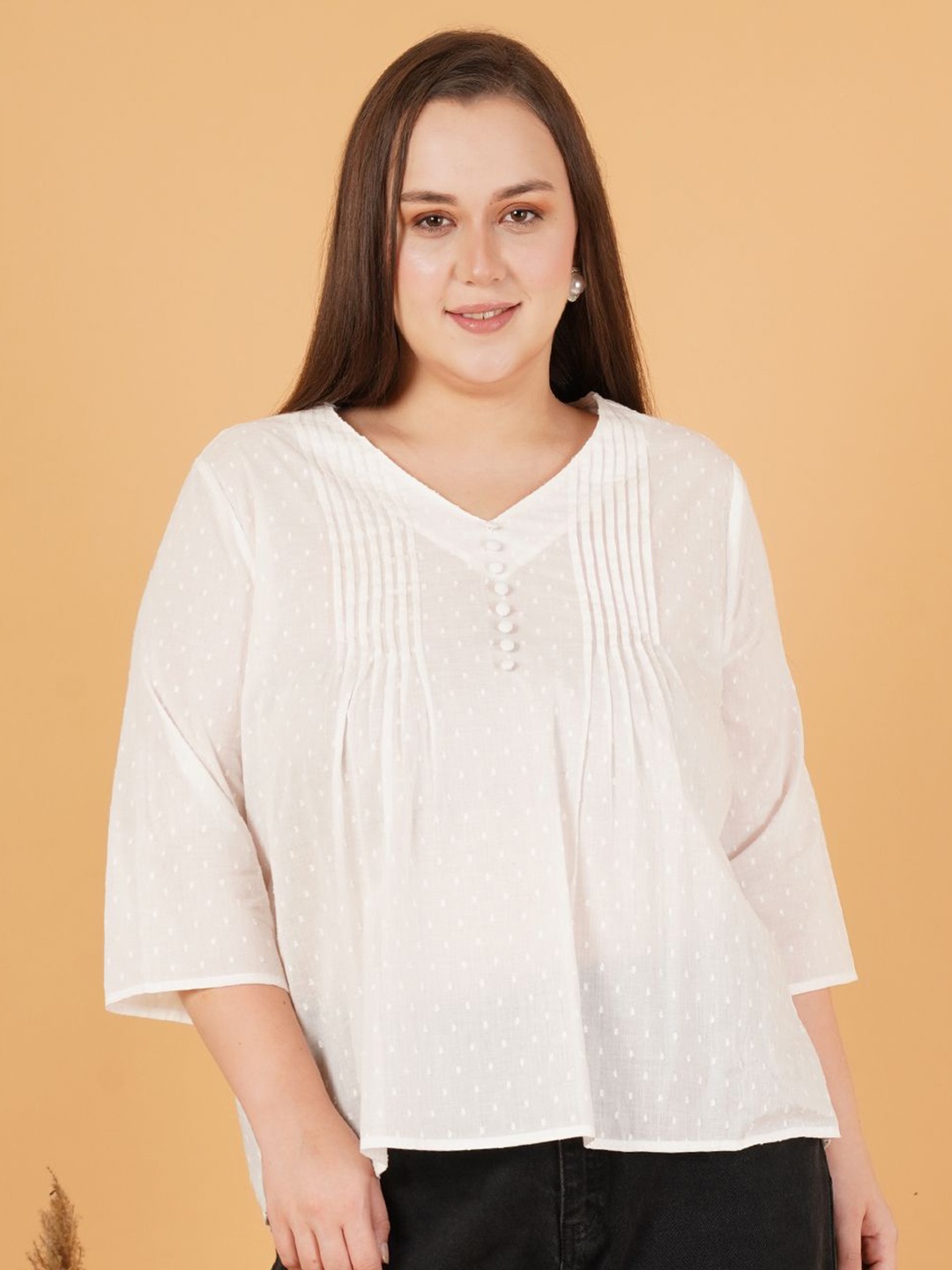 

Sztori Women Self Design V-Neck Cotton Plus Size Top, White