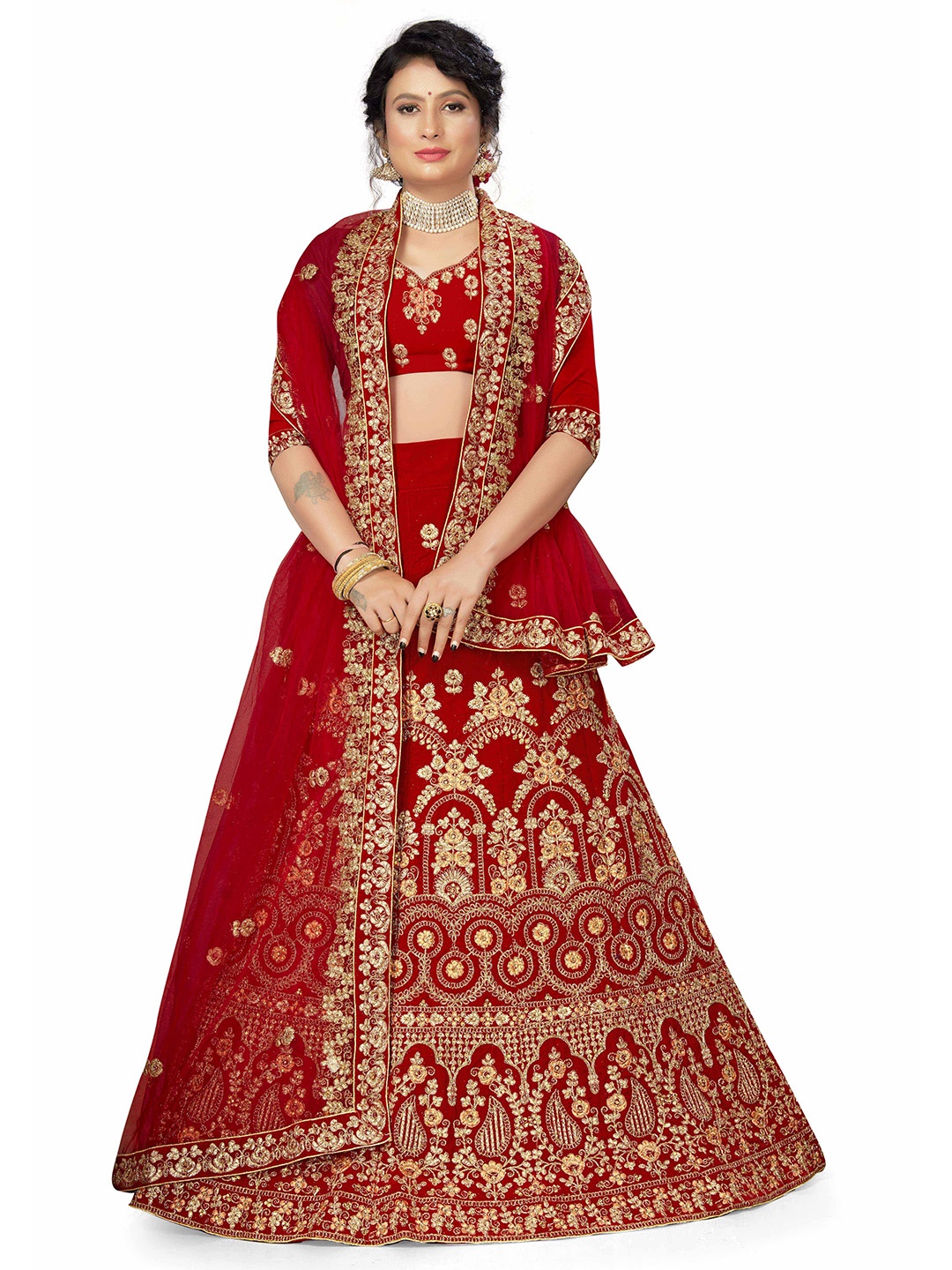 

Maroosh Embellished Thread Work Unstitched Lehenga & Blouse With Dupatta, Red