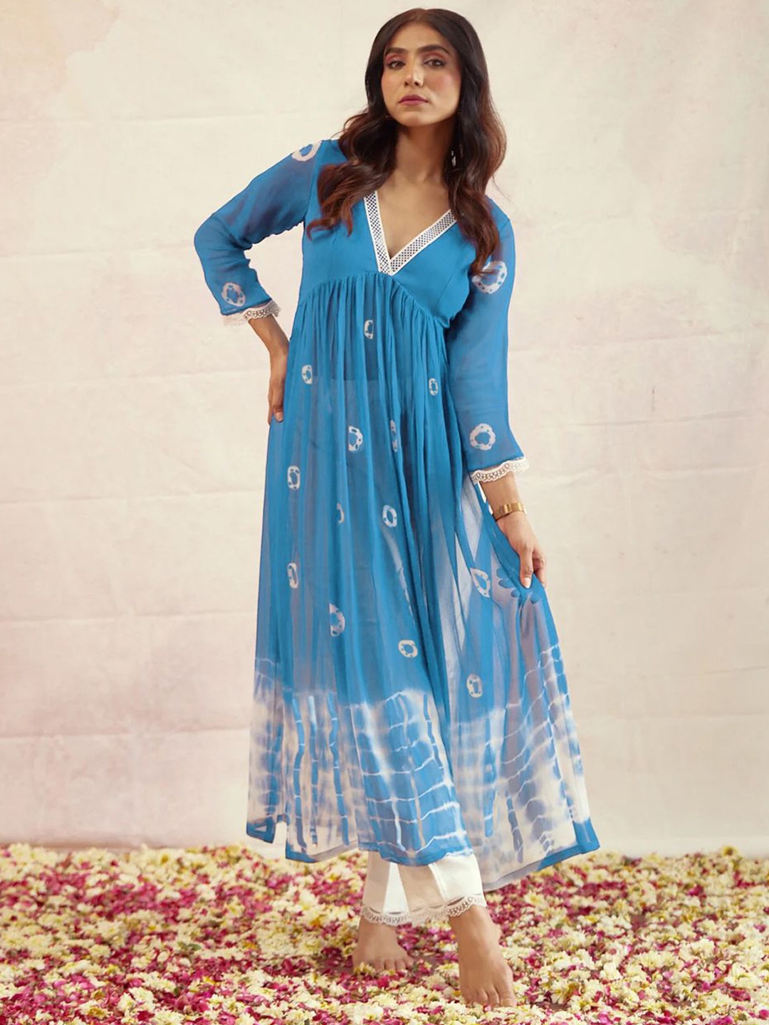 

KALINI Geometric Dyed V-Neck Three-Quarter Sleeves Georgette Kurta With Trouser, Turquoise blue