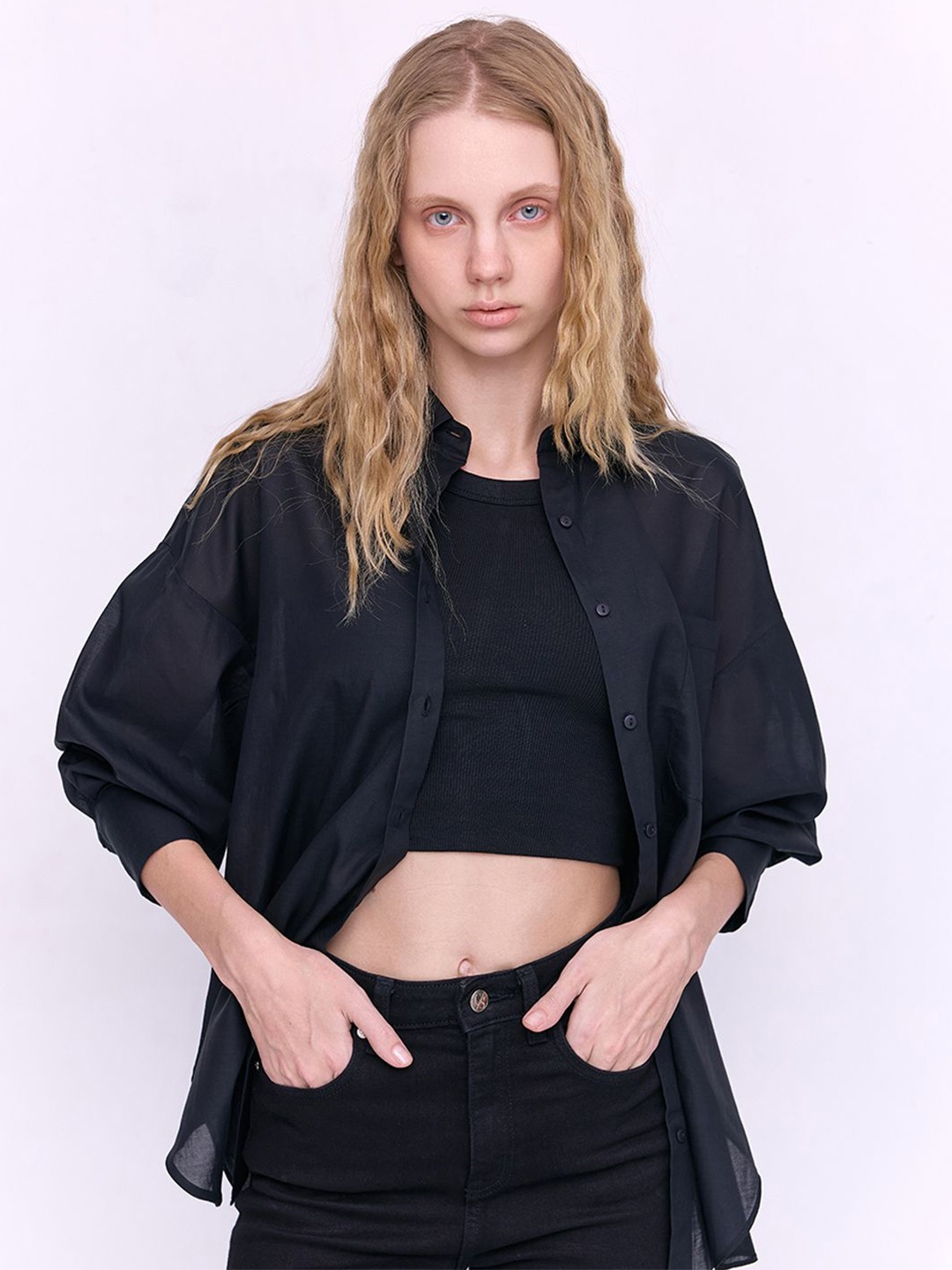 

COVER STORY Women Spread Collar Solid Cotton Relaxed Fit Casual Shirt, Black