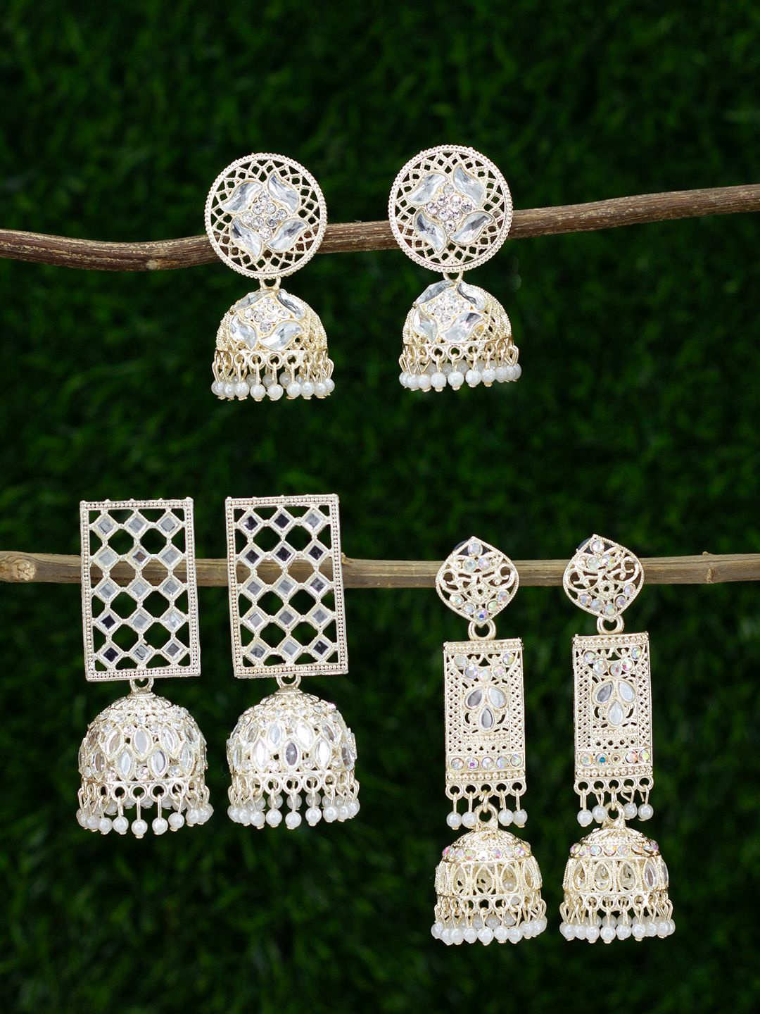 

PRIVIU Set of 3 Gold-Plated Geometric Jhumkas Earrings