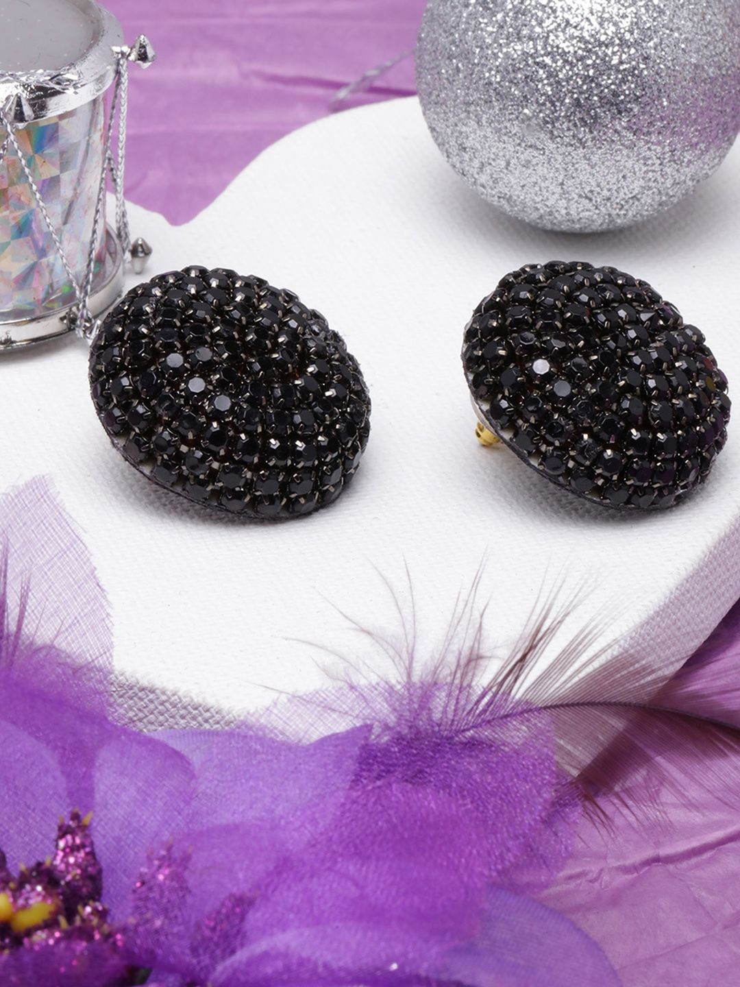 

KPOP Circular Rhinestone Studded Earrings, Black