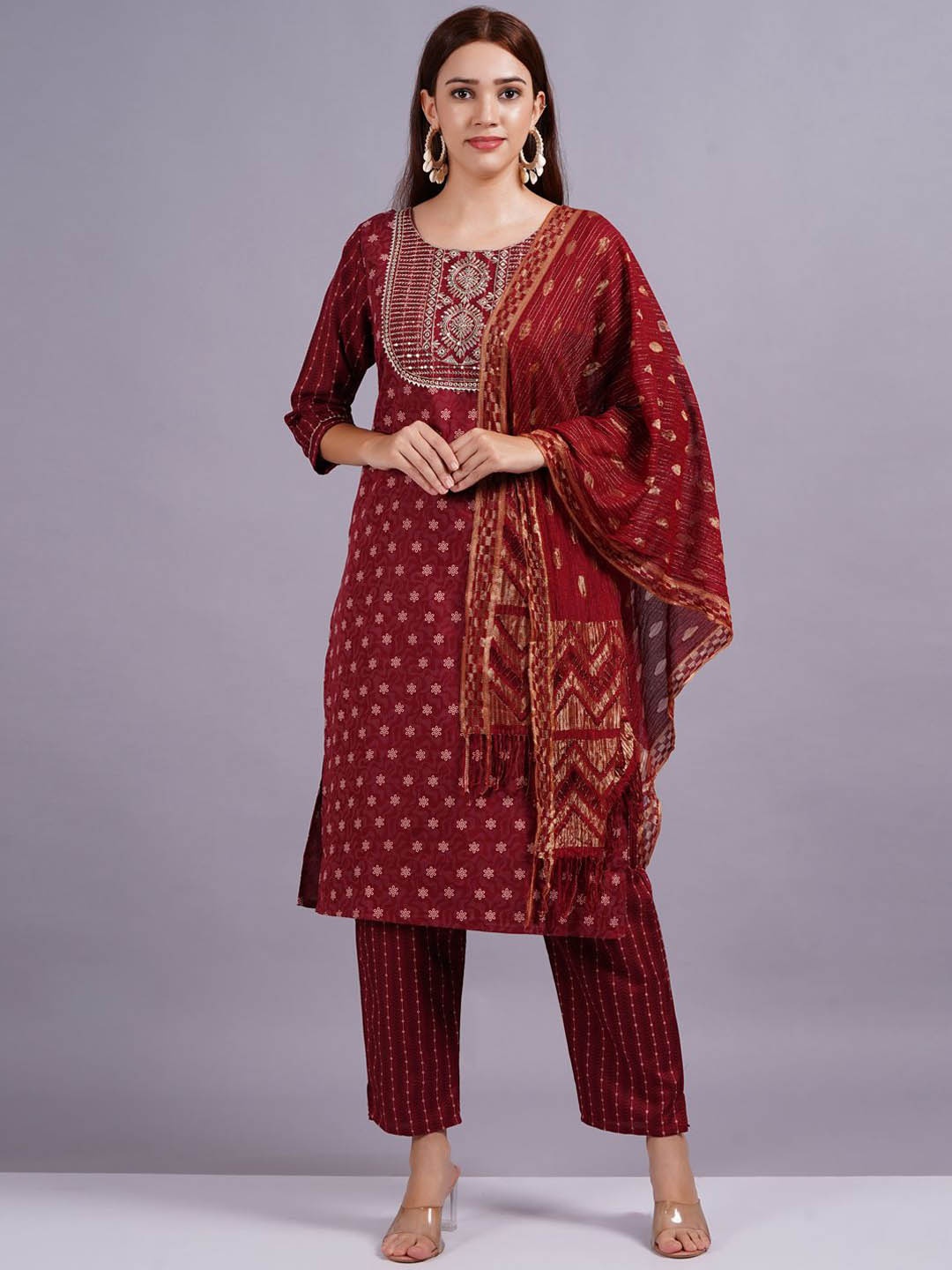 

JC4U Floral Printed Sequinned Round Neck Straight Kurta with Trouser & Dupatta, Maroon