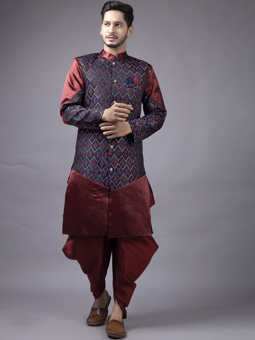 

Xepon Men Woven Design Regular Kurta with Dhoti Pants, Maroon