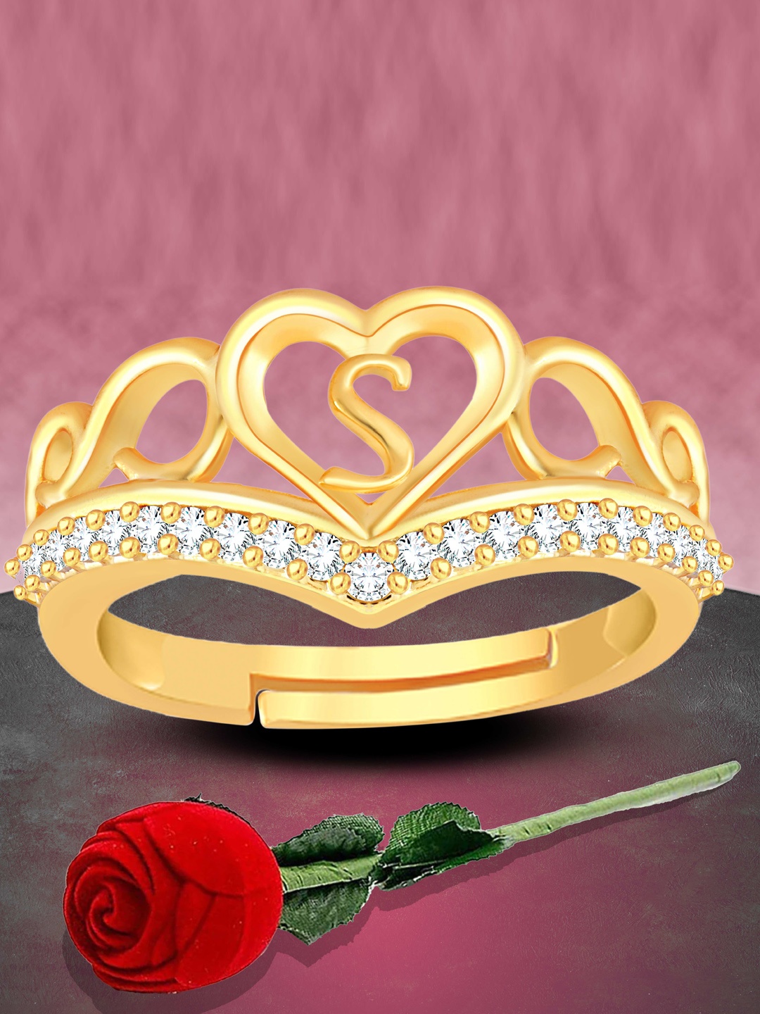 

Heer Collection Unisex Gold-Plated AD-Studded Alphabet 'S' Valentine Finger Ring