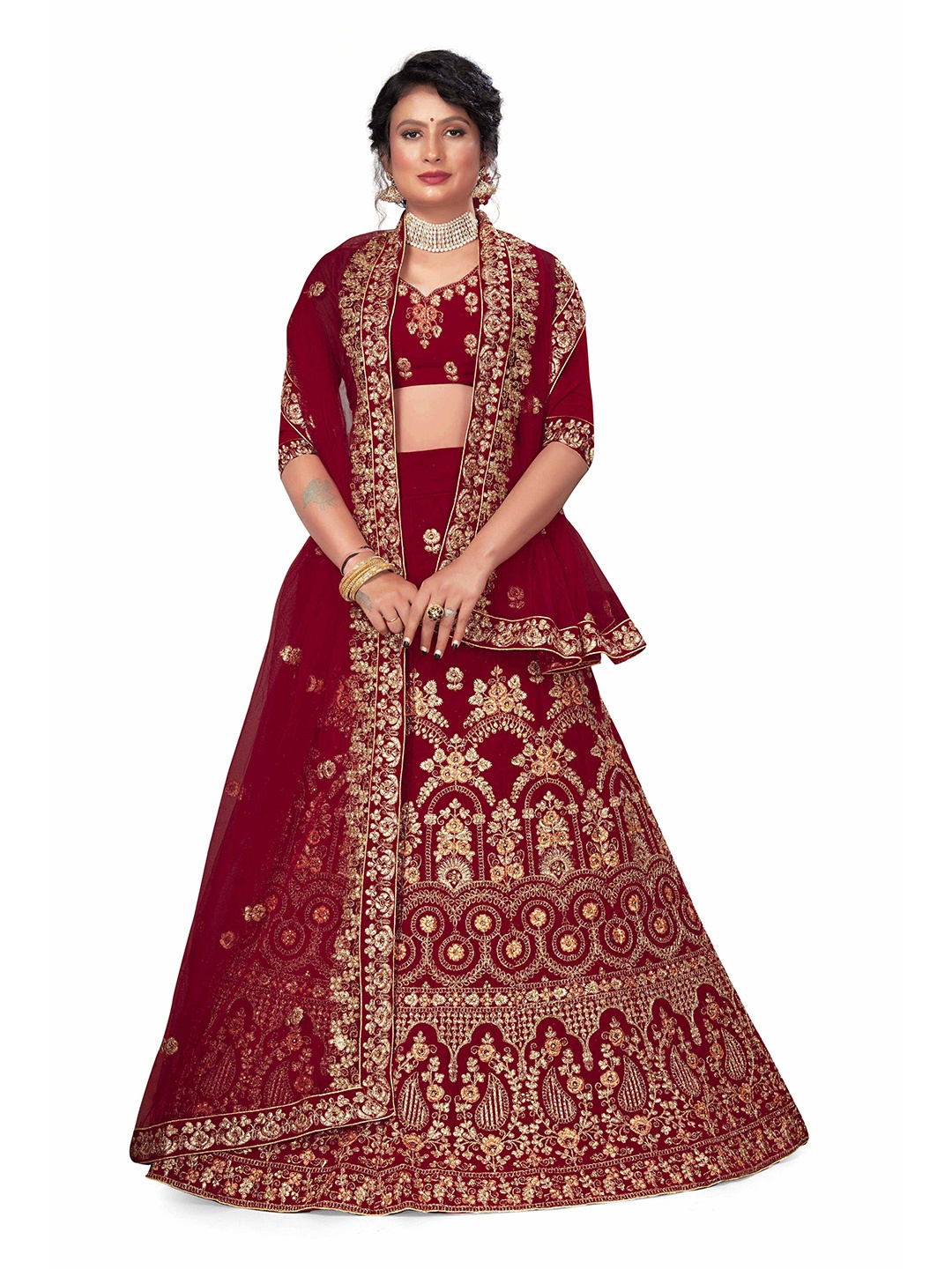 

Maroosh Women Embellished Thread Work Unstitched Lehenga & Blouse With Dupatta, Maroon