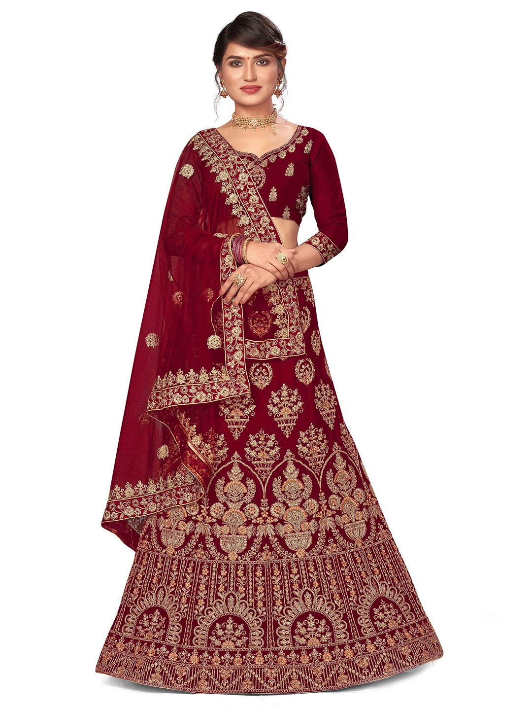 

Maroosh Embroidered Thread Work Unstitched Lehenga & Blouse With Dupatta, Maroon