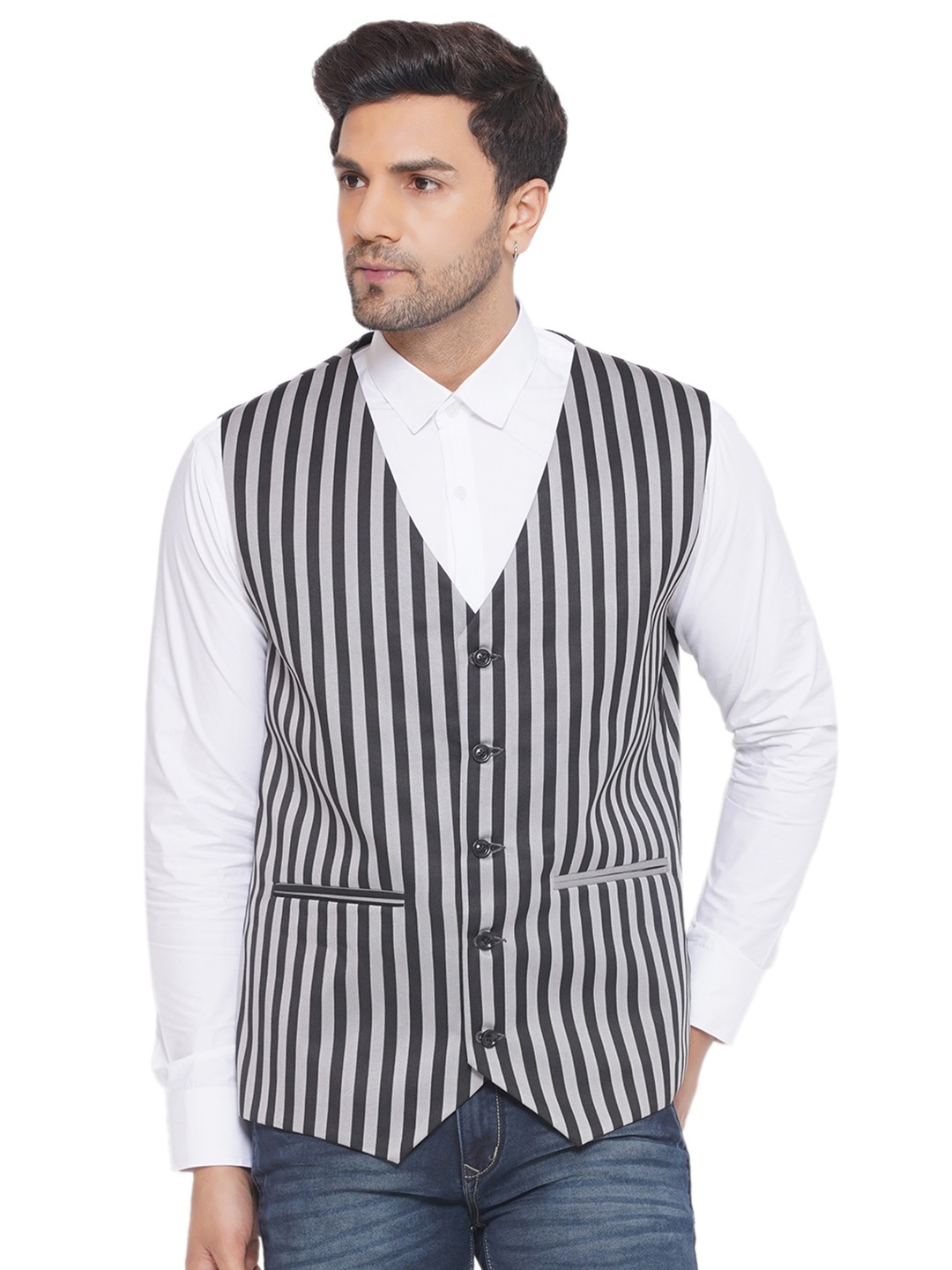 

VEERA PARIDHAAN Striped Woven Waistcoat, Grey