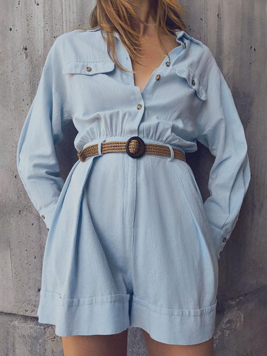 

LULU & SKY Women Half-buttoned Collar Playsuit, Blue