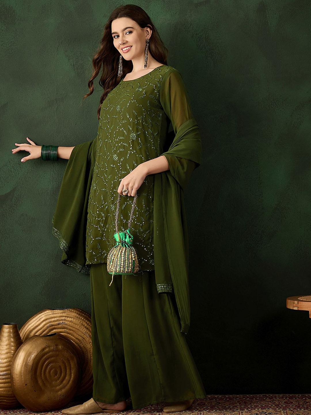 

Sangria Women Embroidered Straight Kurta With Sharara & Dupatta, Green