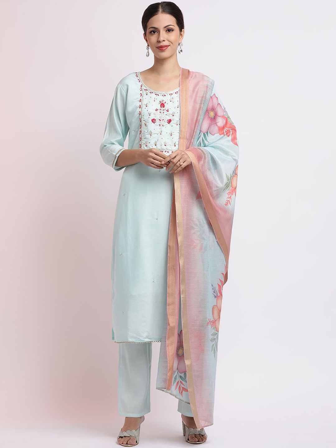 

Jaipur Kurti Embroidered Cotton Blend Kurta Set With Dupatta, Sea green