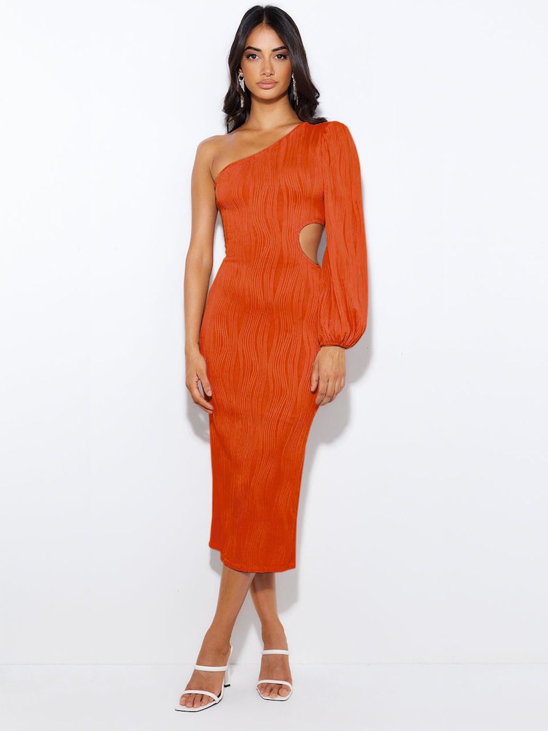 

HERE&NOW Women One Shoulder Puff Sleeves Bodycon Dress, Orange